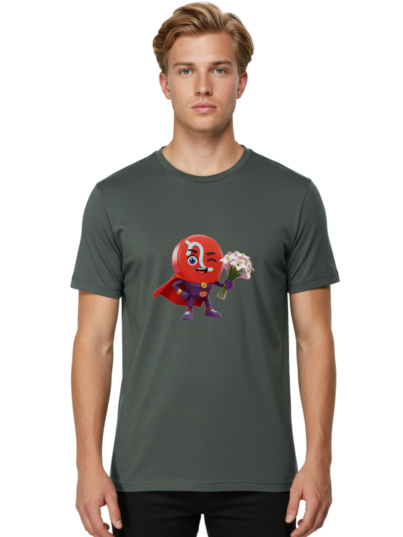 N-Capsule Men'S Graphic Tee, 100% Cotton, Comfortable Casual Summer Wear, Machine Washable, Momo Character, Cartoon Style, Happy Expression, Holding Flowers, Superhero Costume, Cape, Purple Outfit, Red Mask, Cute Face, Playful Vibe, Bae233
