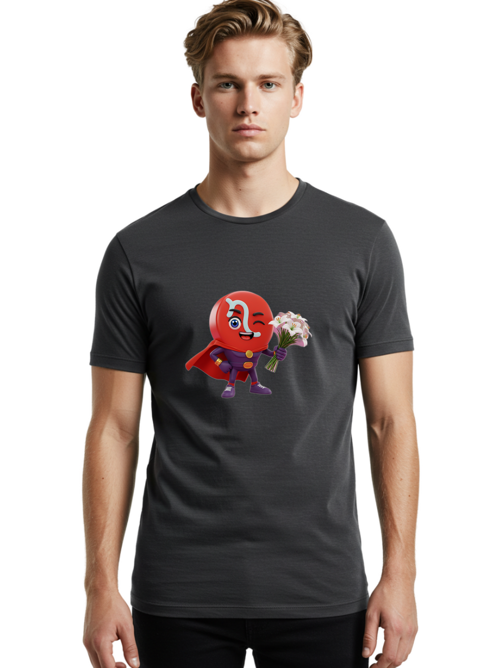 N-Capsule Men'S Graphic Tee, 100% Cotton, Comfortable Casual Summer Wear, Machine Washable, Momo Character, Cartoon Style, Happy Expression, Holding Flowers, Superhero Costume, Cape, Purple Outfit, Red Mask, Cute Face, Playful Vibe, Bae233