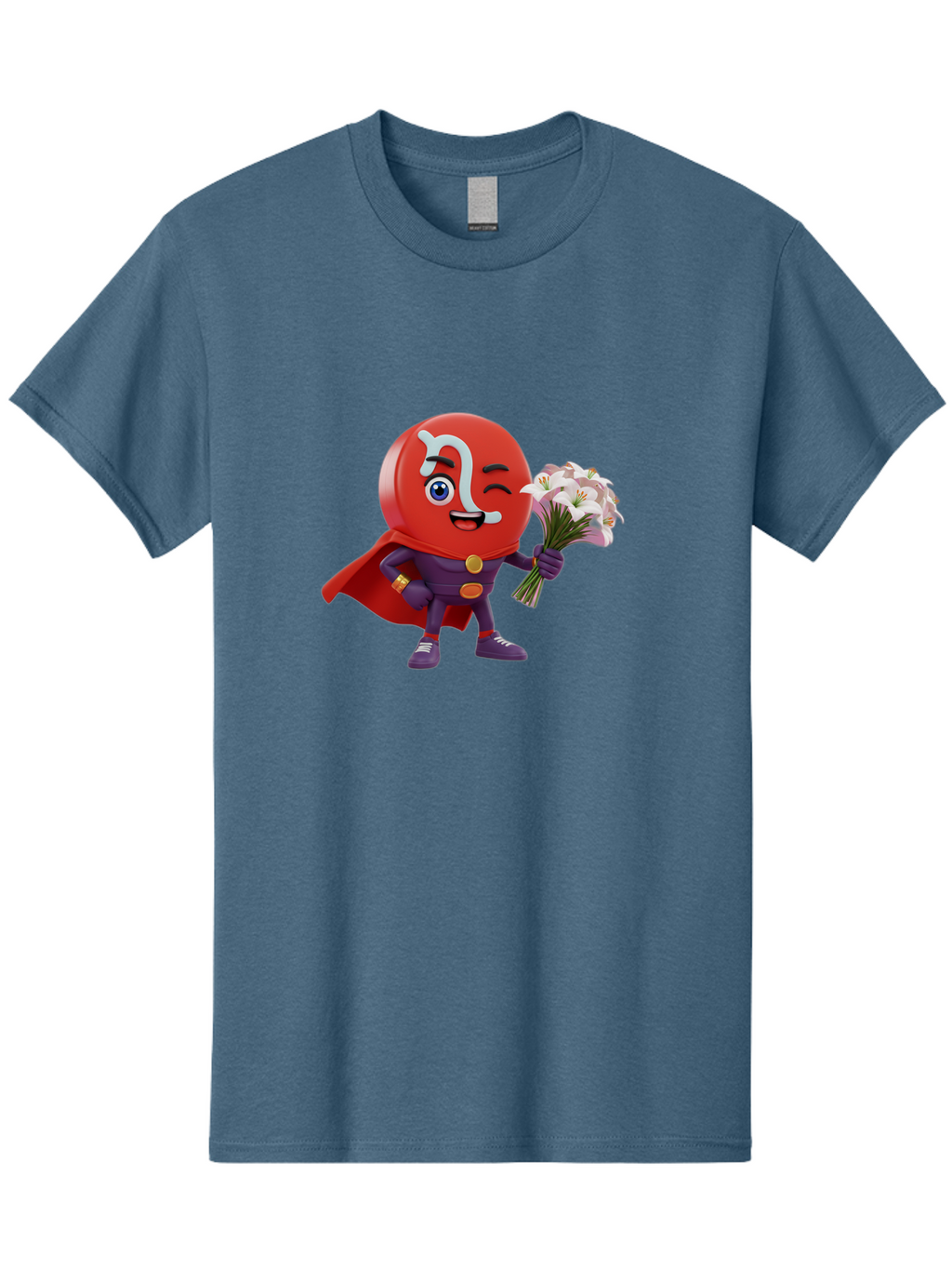 N-Capsule Men'S Graphic Tee, 100% Cotton, Comfortable Casual Summer Wear, Machine Washable, Momo Character, Cartoon Style, Happy Expression, Holding Flowers, Superhero Costume, Cape, Purple Outfit, Red Mask, Cute Face, Playful Vibe, Bae233