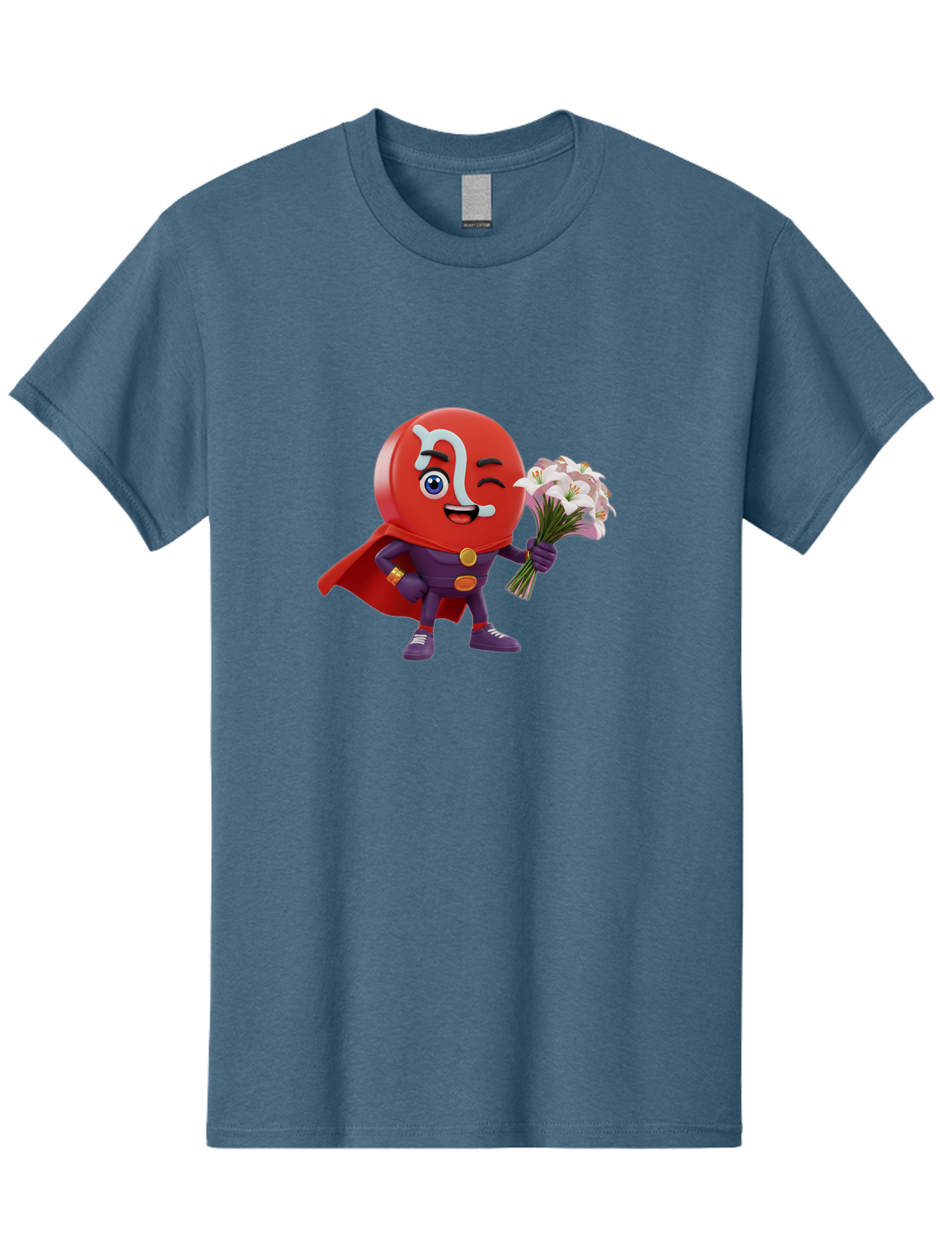 N-Capsule Men'S Graphic Tee, 100% Cotton, Comfortable Casual Summer Wear, Machine Washable, Momo Character, Cartoon Style, Happy Expression, Holding Flowers, Superhero Costume, Cape, Purple Outfit, Red Mask, Cute Face, Playful Vibe, Bae233