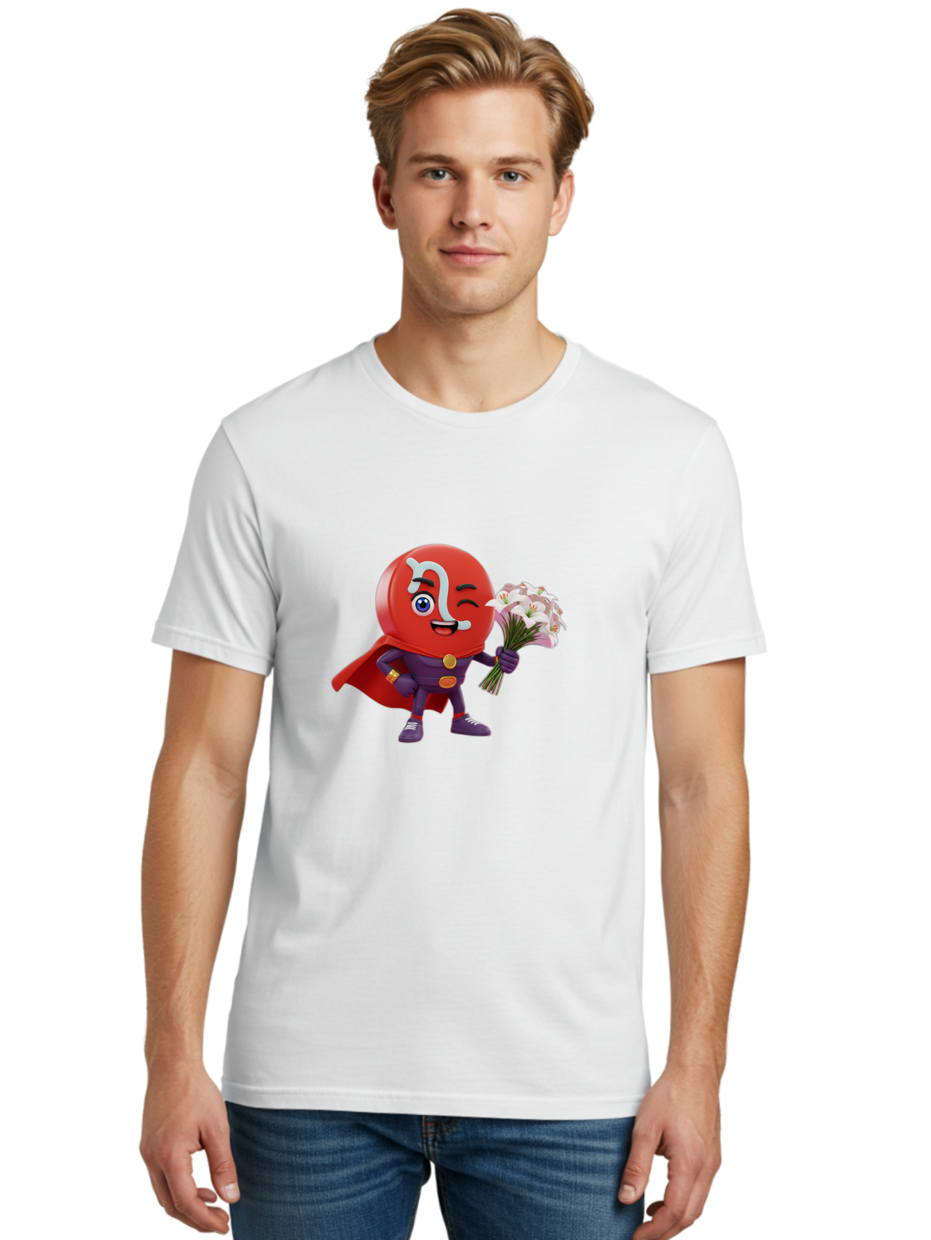 N-Capsule Men'S Graphic Tee, 100% Cotton, Comfortable Casual Summer Wear, Machine Washable, Momo Character, Cartoon Style, Happy Expression, Holding Flowers, Superhero Costume, Cape, Purple Outfit, Red Mask, Cute Face, Playful Vibe, Bae233