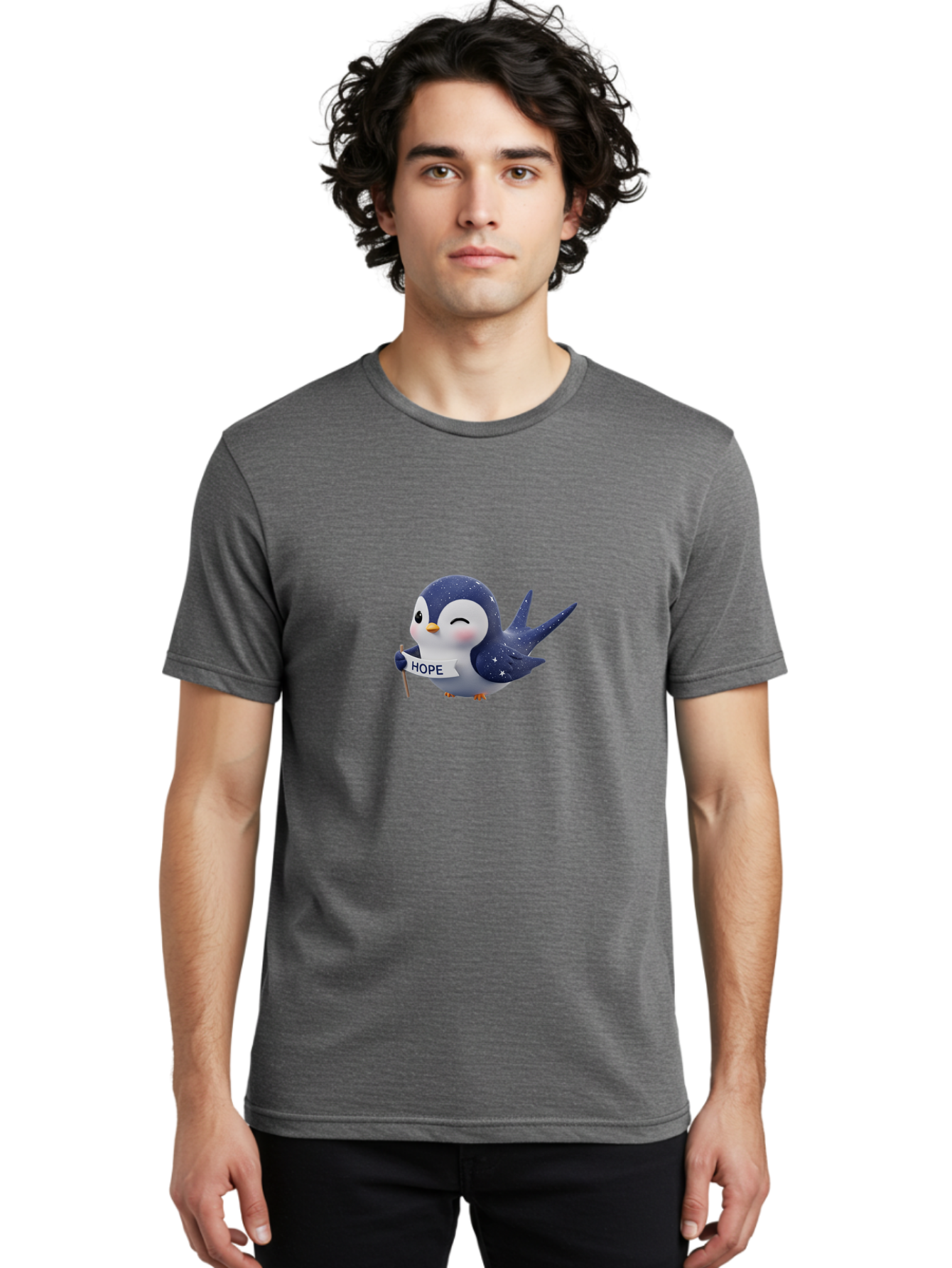 Penguin-With-Hope-Sign Men'S Graphic Tee, 100% Cotton, Comfortable Casual Summer Wear, Machine Washable, Cartoon Penguin, Starry Night Sky, Inspirational Message, Hope Symbol, Cute Animal, Positivity, Peaceful Atmosphere, Closed Eyes, Bae234