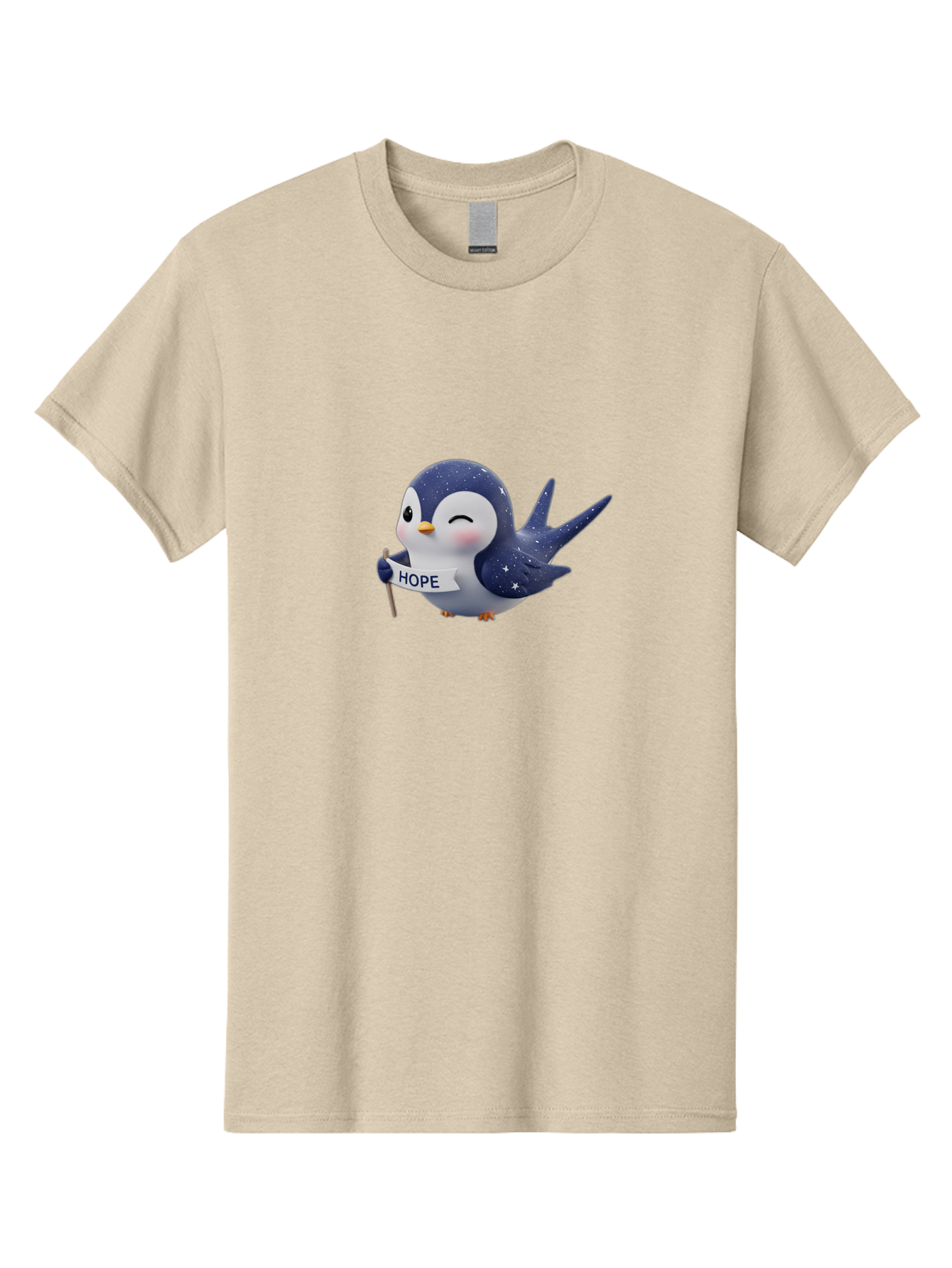Penguin-With-Hope-Sign Men'S Graphic Tee, 100% Cotton, Comfortable Casual Summer Wear, Machine Washable, Cartoon Penguin, Starry Night Sky, Inspirational Message, Hope Symbol, Cute Animal, Positivity, Peaceful Atmosphere, Closed Eyes, Bae234