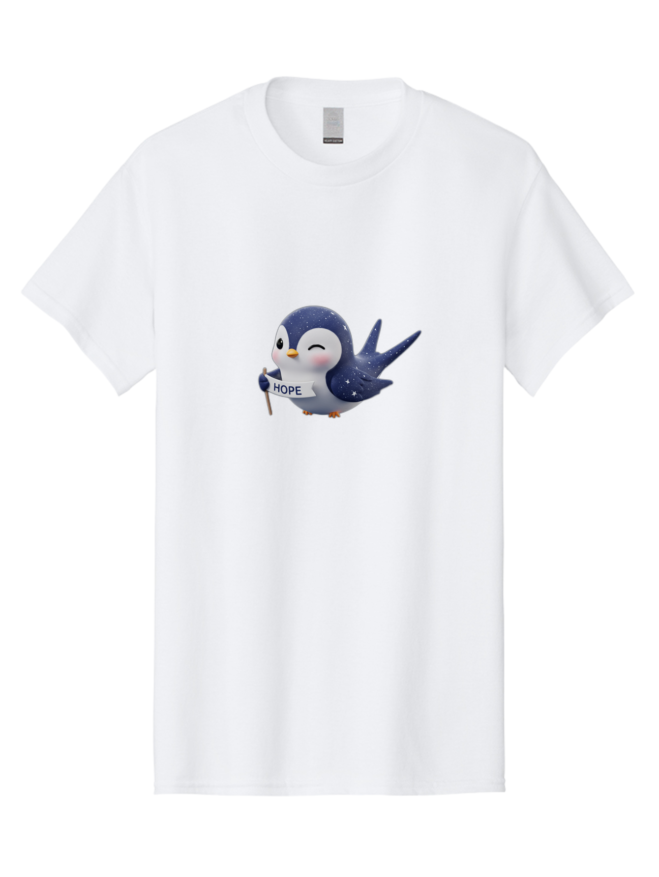Penguin-With-Hope-Sign Men'S Graphic Tee, 100% Cotton, Comfortable Casual Summer Wear, Machine Washable, Cartoon Penguin, Starry Night Sky, Inspirational Message, Hope Symbol, Cute Animal, Positivity, Peaceful Atmosphere, Closed Eyes, Bae234
