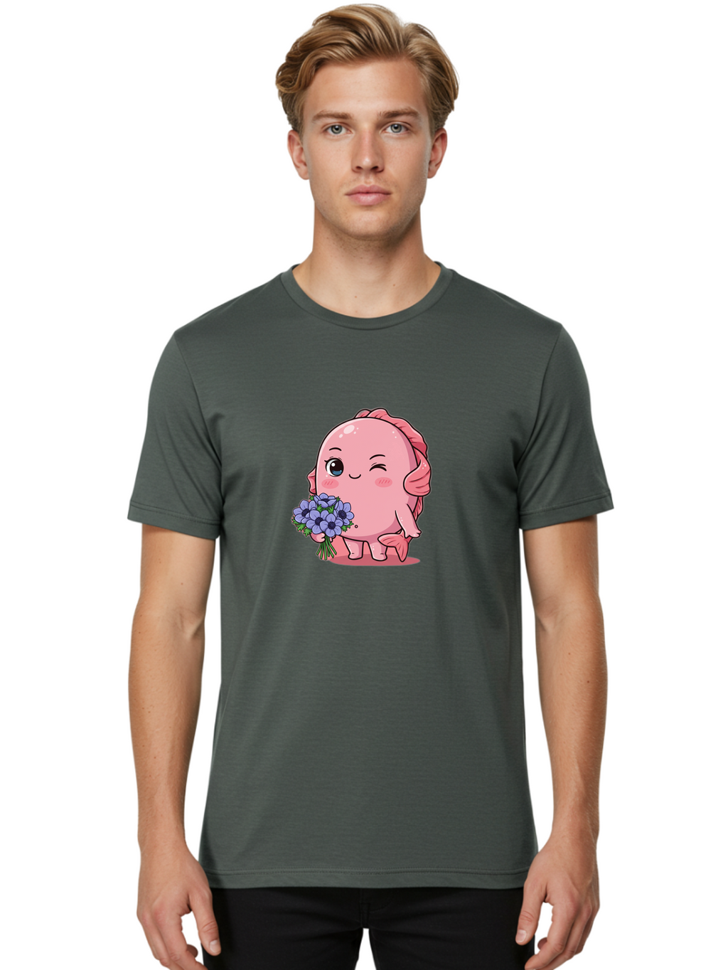 Pink-Axolotl Men'S Graphic Tee, 100% Cotton, Comfortable Casual Summer Wear, Machine Washable, Cartoon Axolotl, Pink Creature, Smiling Animal, Holding Flowers, Blue Blooms, Kawaii Character, Cute Illustration, Adorable Amphibian, Whimsical Art Bae235