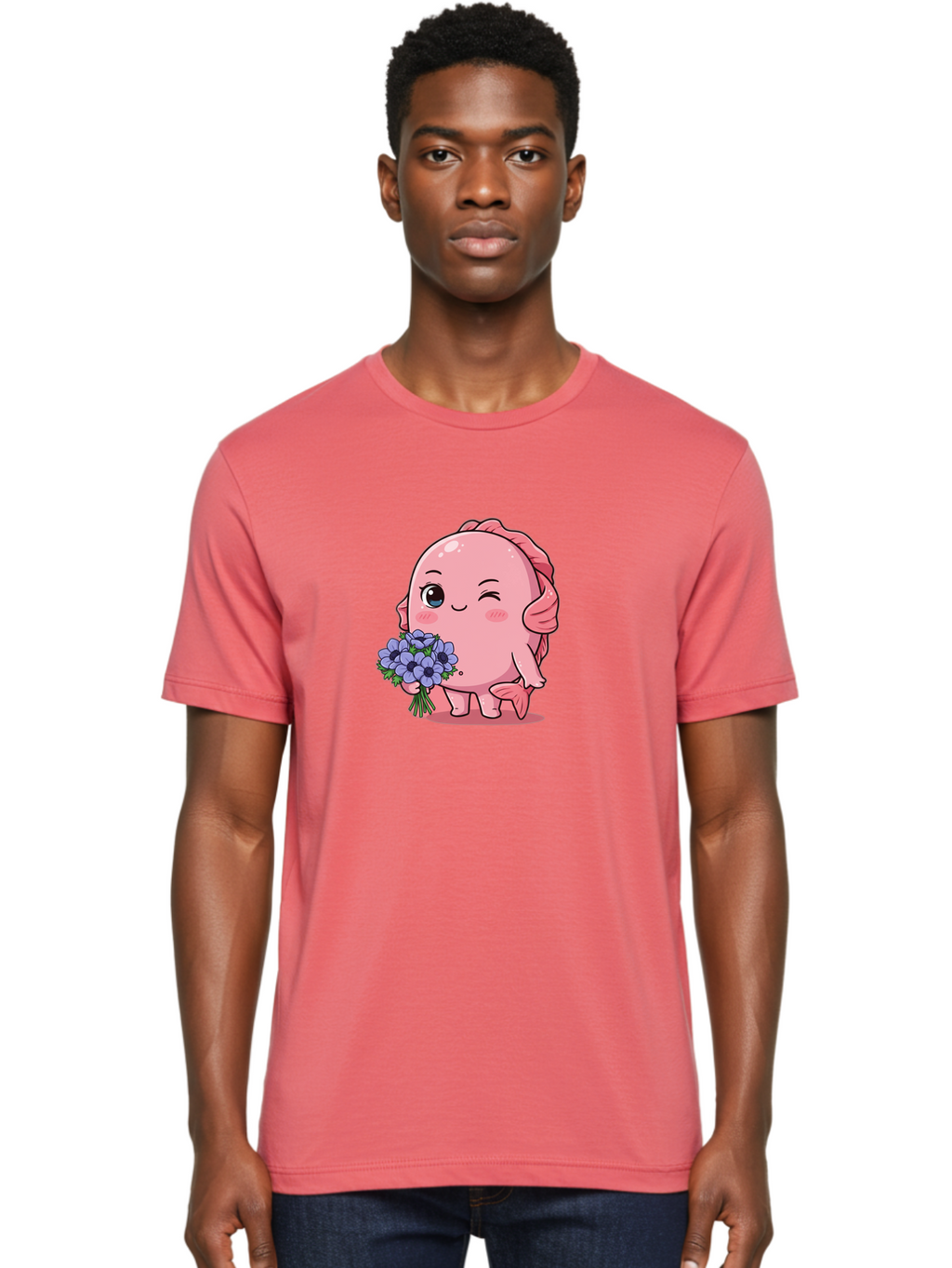 Pink-Axolotl Men'S Graphic Tee, 100% Cotton, Comfortable Casual Summer Wear, Machine Washable, Cartoon Axolotl, Pink Creature, Smiling Animal, Holding Flowers, Blue Blooms, Kawaii Character, Cute Illustration, Adorable Amphibian, Whimsical Art Bae235
