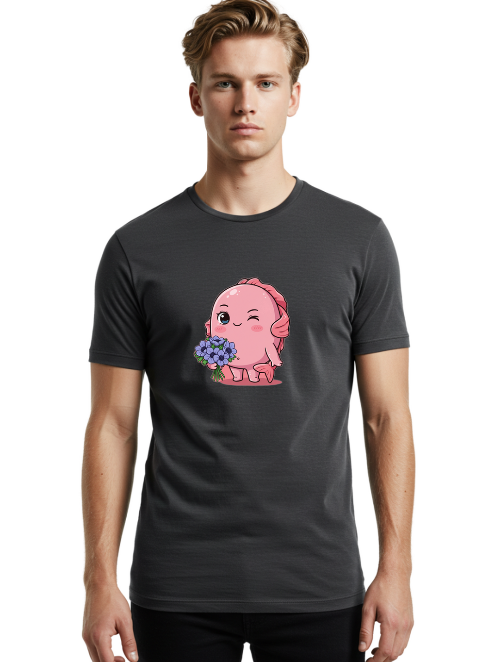 Pink-Axolotl Men'S Graphic Tee, 100% Cotton, Comfortable Casual Summer Wear, Machine Washable, Cartoon Axolotl, Pink Creature, Smiling Animal, Holding Flowers, Blue Blooms, Kawaii Character, Cute Illustration, Adorable Amphibian, Whimsical Art Bae235