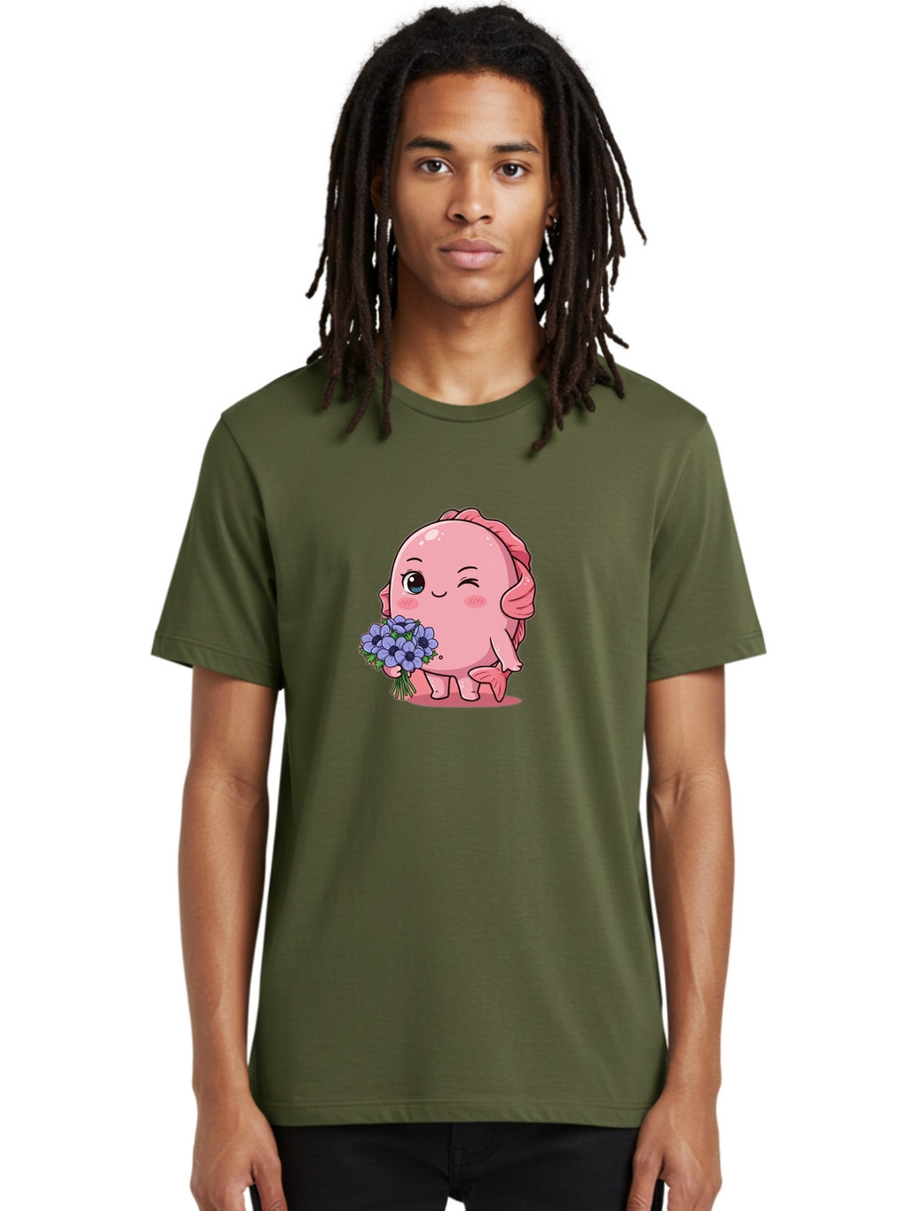 Pink-Axolotl Men'S Graphic Tee, 100% Cotton, Comfortable Casual Summer Wear, Machine Washable, Cartoon Axolotl, Pink Creature, Smiling Animal, Holding Flowers, Blue Blooms, Kawaii Character, Cute Illustration, Adorable Amphibian, Whimsical Art Bae235