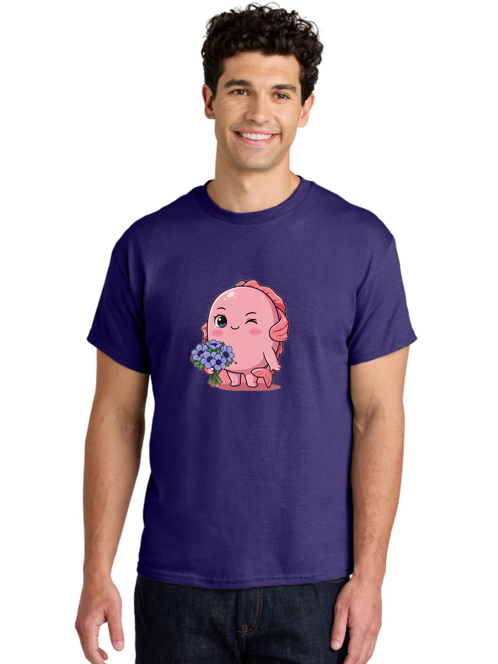 Pink-Axolotl Men'S Graphic Tee, 100% Cotton, Comfortable Casual Summer Wear, Machine Washable, Cartoon Axolotl, Pink Creature, Smiling Animal, Holding Flowers, Blue Blooms, Kawaii Character, Cute Illustration, Adorable Amphibian, Whimsical Art Bae235