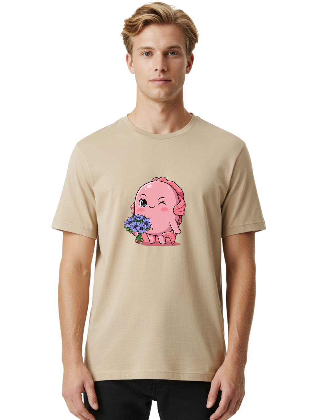 Pink-Axolotl Men'S Graphic Tee, 100% Cotton, Comfortable Casual Summer Wear, Machine Washable, Cartoon Axolotl, Pink Creature, Smiling Animal, Holding Flowers, Blue Blooms, Kawaii Character, Cute Illustration, Adorable Amphibian, Whimsical Art Bae235
