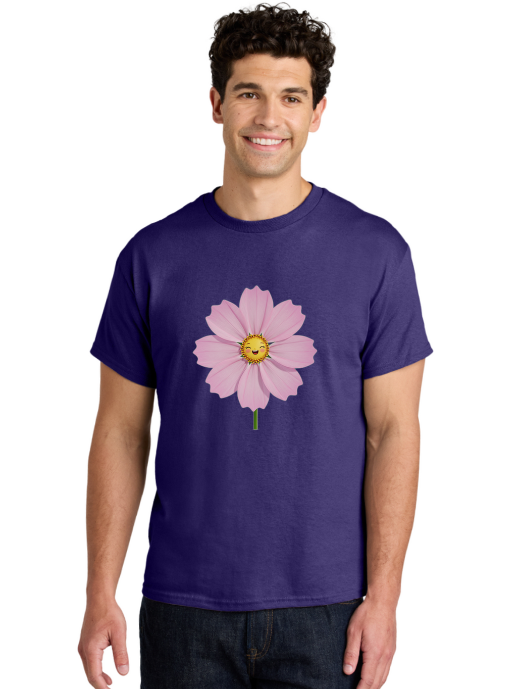 Pink-Flower-Emoji Men'S Graphic Tee, 100% Cotton, Comfortable Casual Summer Wear, Machine Washable, Pink Cosmos Flower, Cartoon Style, Smiling Face, Happy Emoji, Floral Illustration, Cute Design, Flower Graphics, Digital Art, Flower Emoji Bae236