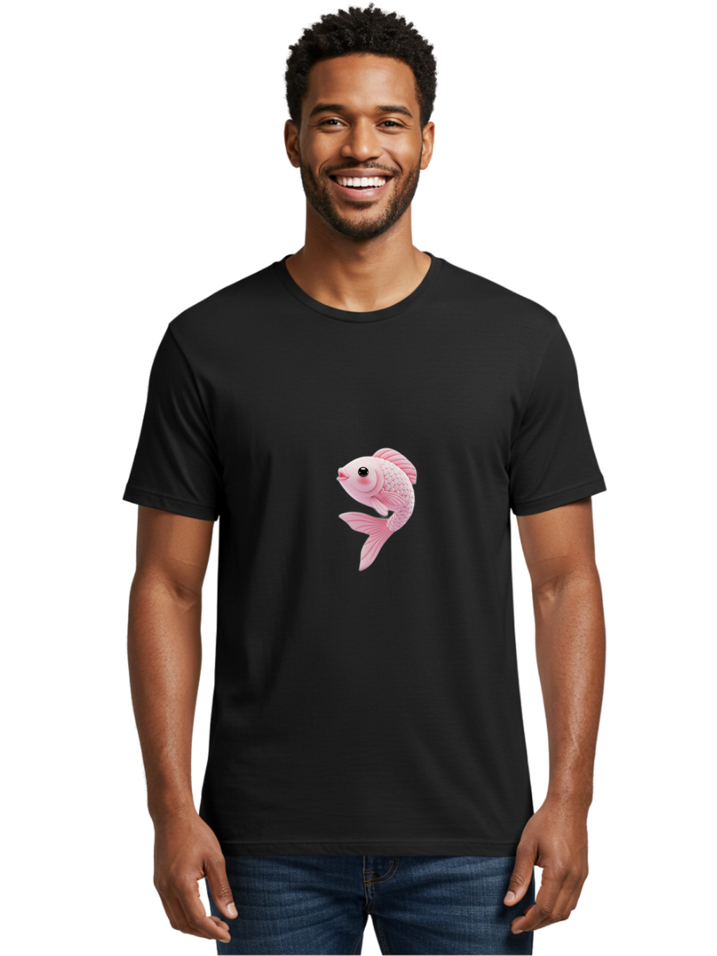 Pink-Goldfish Men'S Graphic Tee, 100% Cotton, Comfortable Casual Summer Wear, Machine Washable, Pink Fish, Cartoon Style, Kawaii Character, Toy-Like Appearance, Playful Design, Aquatic Theme, Cute Expression, Isolated Graphic Bae237