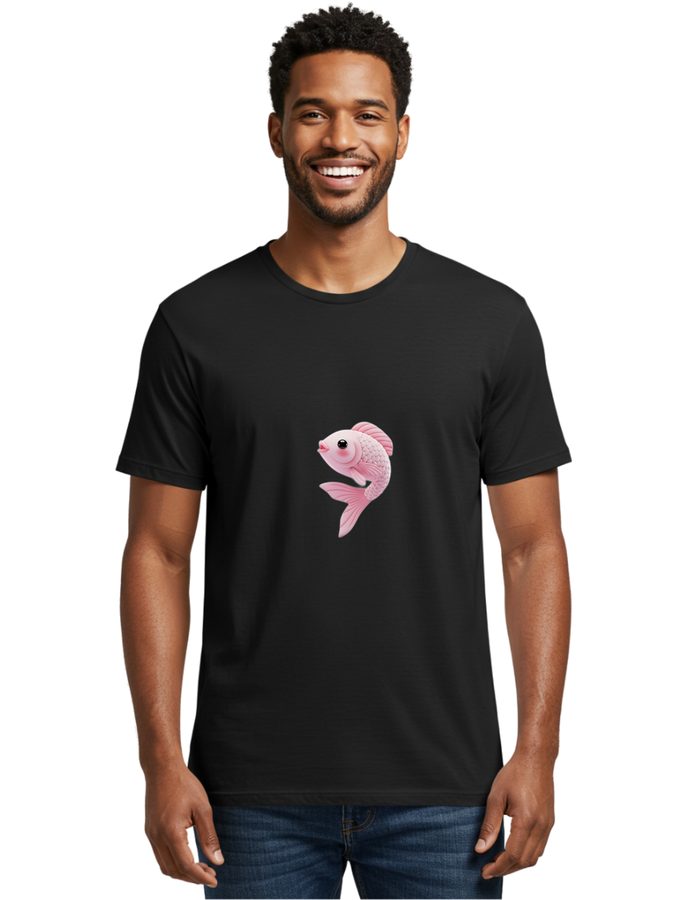 Pink-Goldfish Men'S Graphic Tee, 100% Cotton, Comfortable Casual Summer Wear, Machine Washable, Pink Fish, Cartoon Style, Kawaii Character, Toy-Like Appearance, Playful Design, Aquatic Theme, Cute Expression, Isolated Graphic Bae237