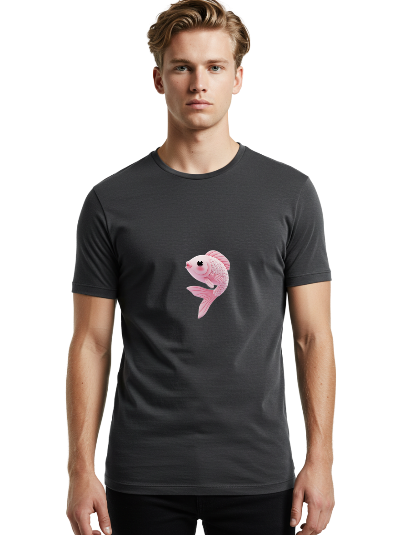 Pink-Goldfish Men'S Graphic Tee, 100% Cotton, Comfortable Casual Summer Wear, Machine Washable, Pink Fish, Cartoon Style, Kawaii Character, Toy-Like Appearance, Playful Design, Aquatic Theme, Cute Expression, Isolated Graphic Bae237
