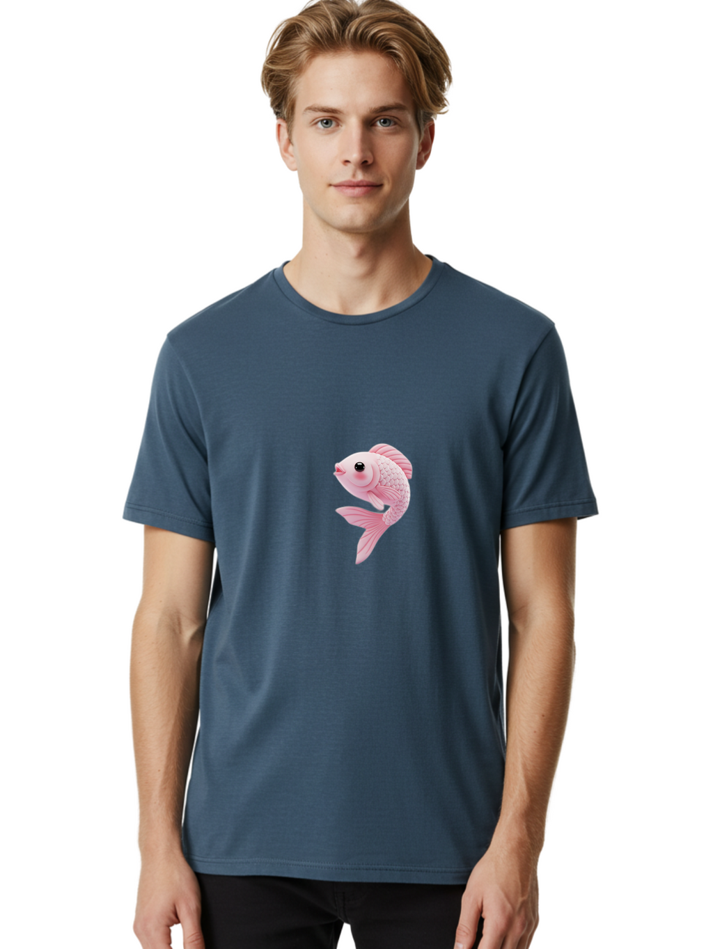 Pink-Goldfish Men'S Graphic Tee, 100% Cotton, Comfortable Casual Summer Wear, Machine Washable, Pink Fish, Cartoon Style, Kawaii Character, Toy-Like Appearance, Playful Design, Aquatic Theme, Cute Expression, Isolated Graphic Bae237