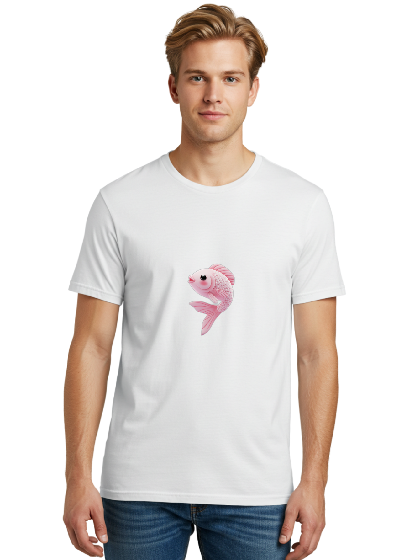 Pink-Goldfish Men'S Graphic Tee, 100% Cotton, Comfortable Casual Summer Wear, Machine Washable, Pink Fish, Cartoon Style, Kawaii Character, Toy-Like Appearance, Playful Design, Aquatic Theme, Cute Expression, Isolated Graphic Bae237