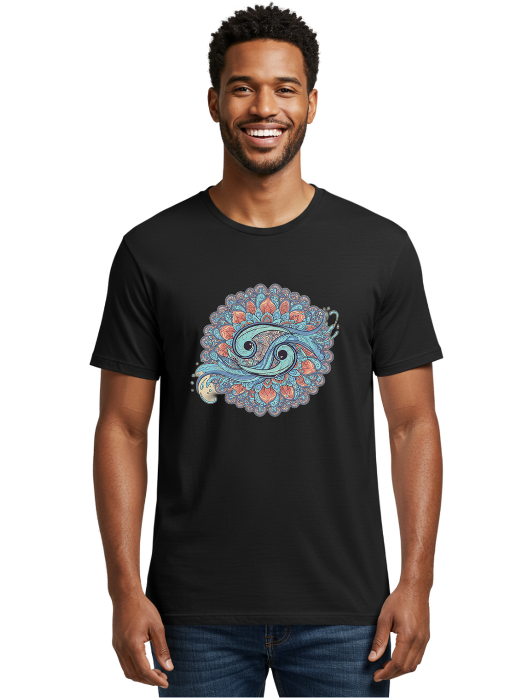 Pisces-Symbol Men'S Graphic Tee, 100% Cotton, Comfortable Casual Summer Wear, Machine Washable, Pisces Zodiac Sign, Fish Symbol, Astrology Illustration, Intricate Design, Mystical Art, Celestial Theme, Abstract Shapes, Blue And Orange Hues, Bae239