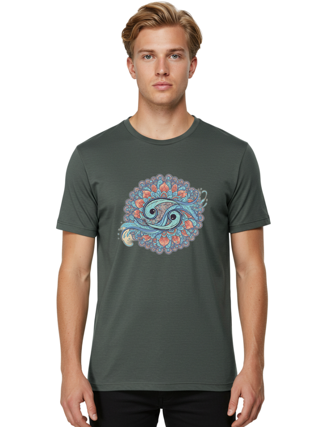 Pisces-Symbol Men'S Graphic Tee, 100% Cotton, Comfortable Casual Summer Wear, Machine Washable, Pisces Zodiac Sign, Fish Symbol, Astrology Illustration, Intricate Design, Mystical Art, Celestial Theme, Abstract Shapes, Blue And Orange Hues, Bae239