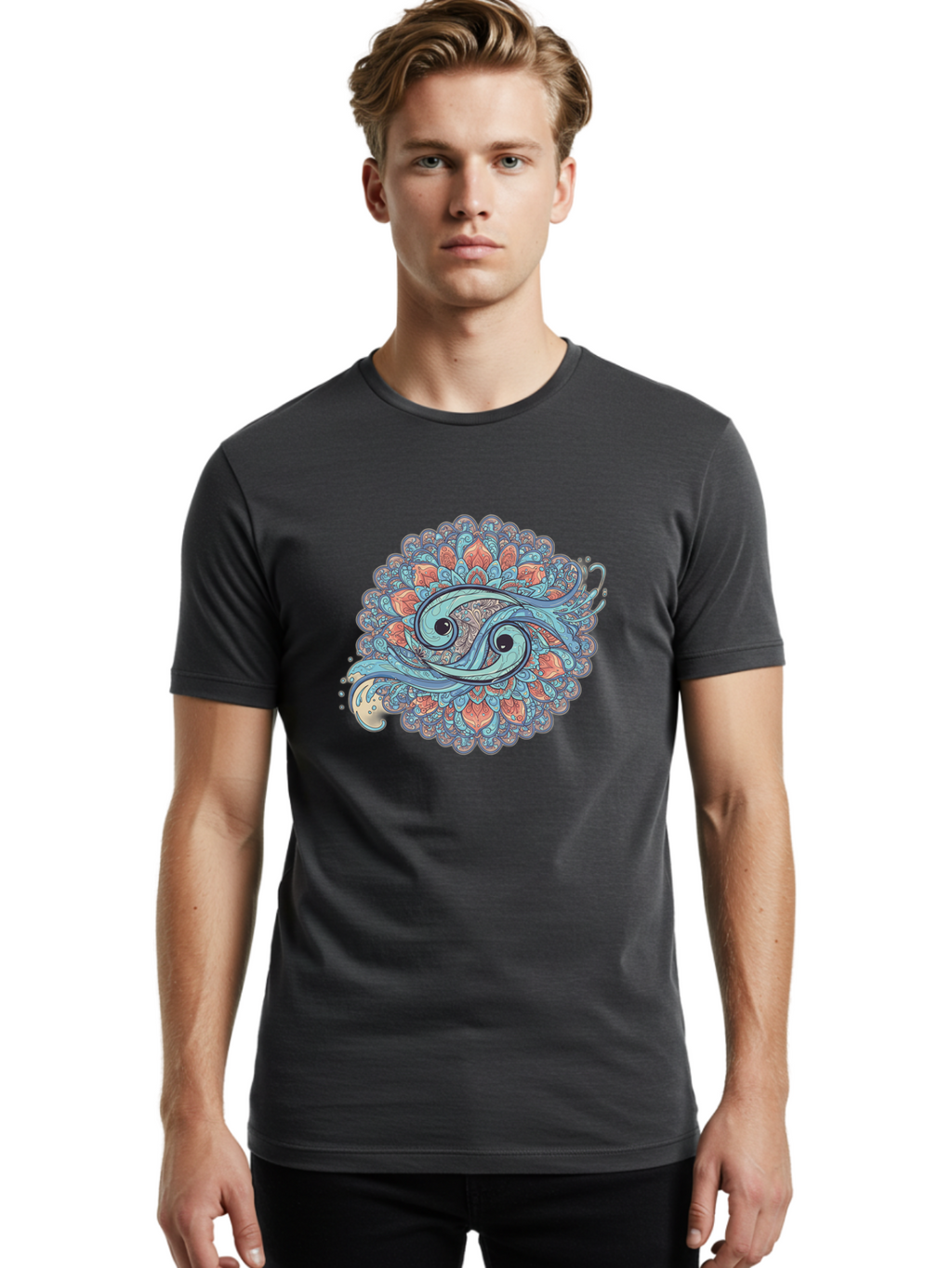 Pisces-Symbol Men'S Graphic Tee, 100% Cotton, Comfortable Casual Summer Wear, Machine Washable, Pisces Zodiac Sign, Fish Symbol, Astrology Illustration, Intricate Design, Mystical Art, Celestial Theme, Abstract Shapes, Blue And Orange Hues, Bae239