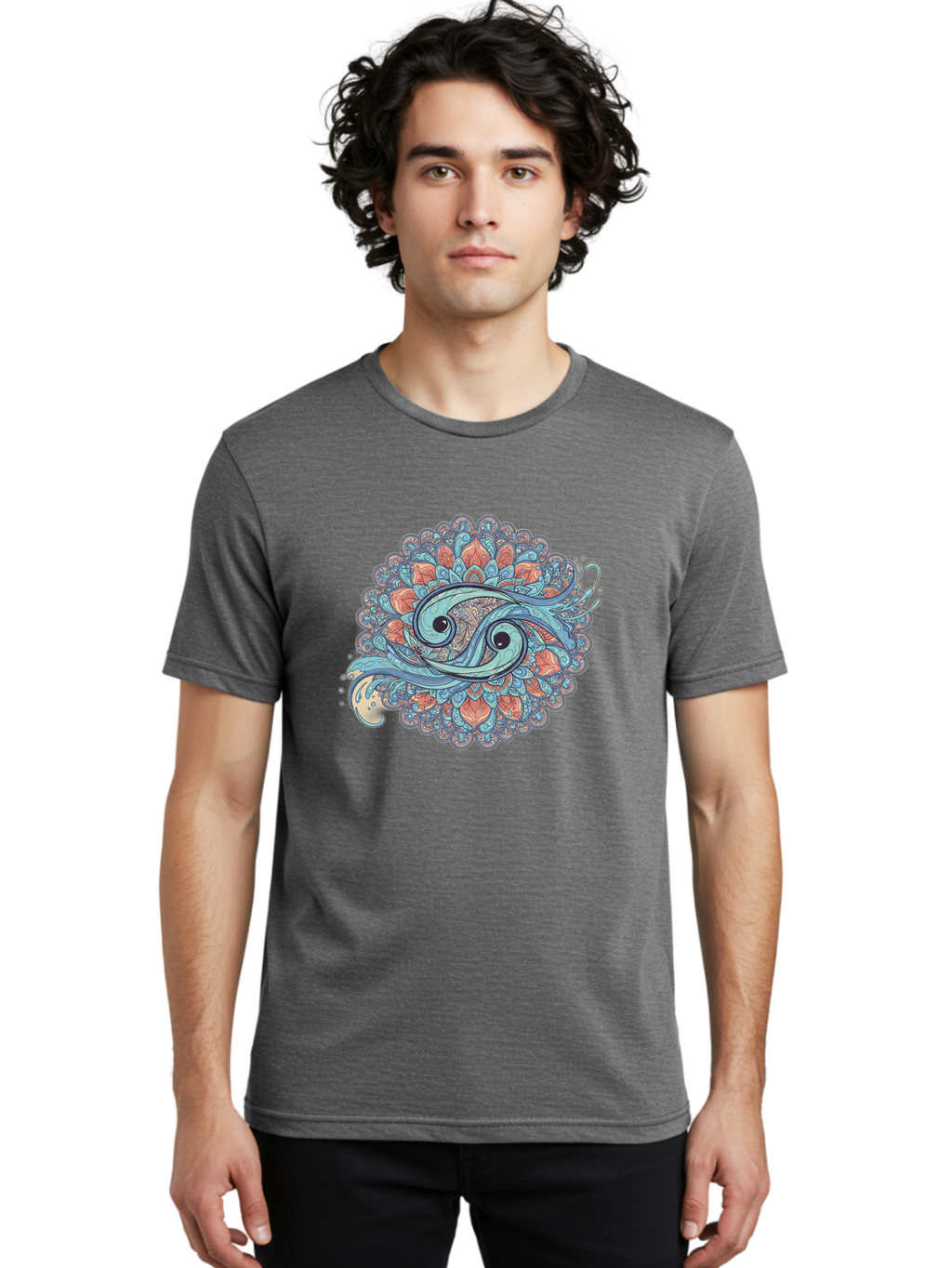 Pisces-Symbol Men'S Graphic Tee, 100% Cotton, Comfortable Casual Summer Wear, Machine Washable, Pisces Zodiac Sign, Fish Symbol, Astrology Illustration, Intricate Design, Mystical Art, Celestial Theme, Abstract Shapes, Blue And Orange Hues, Bae239