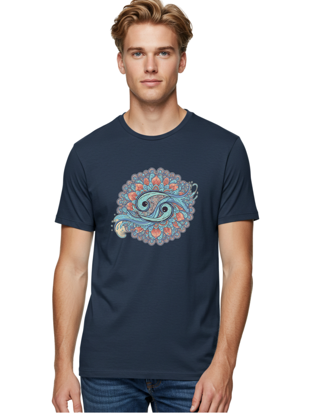 Pisces-Symbol Men'S Graphic Tee, 100% Cotton, Comfortable Casual Summer Wear, Machine Washable, Pisces Zodiac Sign, Fish Symbol, Astrology Illustration, Intricate Design, Mystical Art, Celestial Theme, Abstract Shapes, Blue And Orange Hues, Bae239