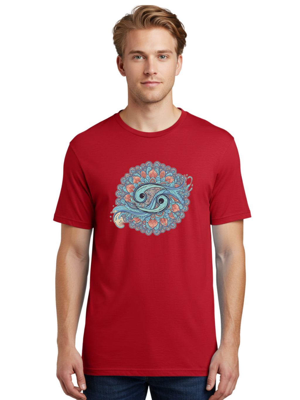 Pisces-Symbol Men'S Graphic Tee, 100% Cotton, Comfortable Casual Summer Wear, Machine Washable, Pisces Zodiac Sign, Fish Symbol, Astrology Illustration, Intricate Design, Mystical Art, Celestial Theme, Abstract Shapes, Blue And Orange Hues, Bae239