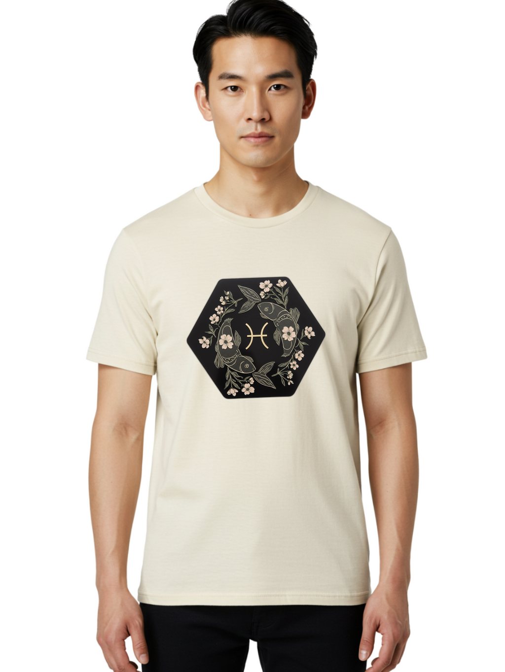 Pisces-Zodiac-Symbol Men'S Graphic Tee, 100% Cotton, Comfortable Casual Summer Wear, Machine Washable, Pisces Zodiac Symbol, Fish Illustration, Floral Wreath, Astrology Sign, Horoscope, Mystical Design, Esoteric Art, Spiritual Symbolism, Bae240