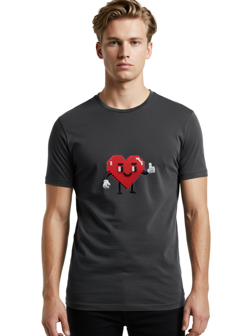 Pixel-Heart Men'S Graphic Tee, 100% Cotton, Comfortable Casual Summer Wear, Machine Washable, Red Heart Character, Pixel Art Style, Thumbs Up Gesture, Friendly Expression, Cute Design, Gaming-Inspired, Digital Illustration, Love Symbol Bae241