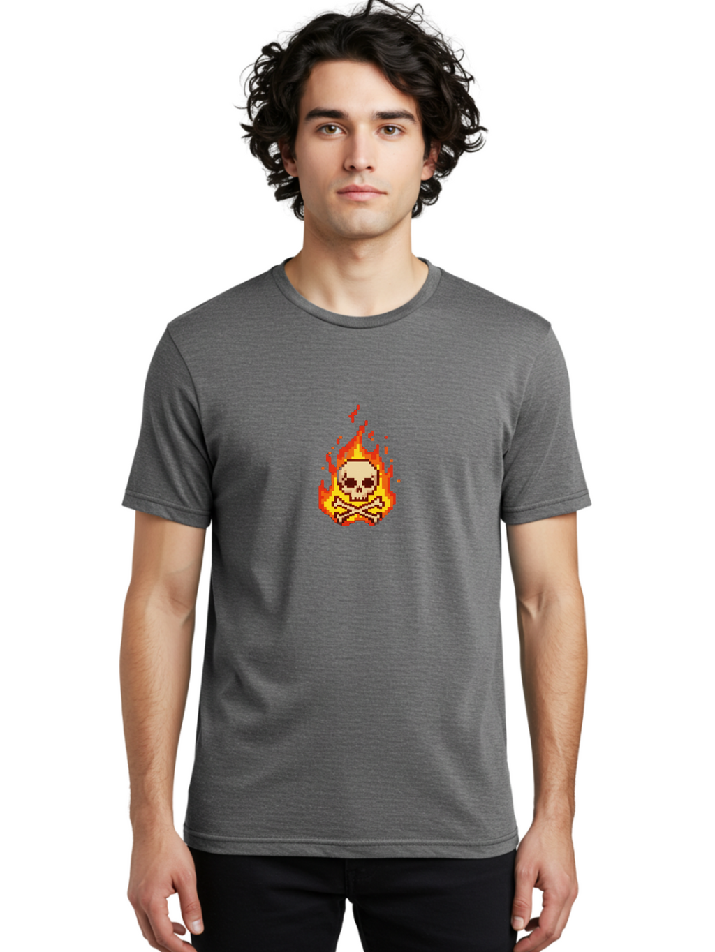 Pixel-Skull-And-Crossbones Men'S Graphic Tee, 100% Cotton, Comfortable Casual Summer Wear, Machine Washable, Death Symbol, Danger Sign, Warning Sign, Skull And Crossbones, Pixel Art, Retro Gaming, Grunge Aesthetics, Fiery Flames, Bae242