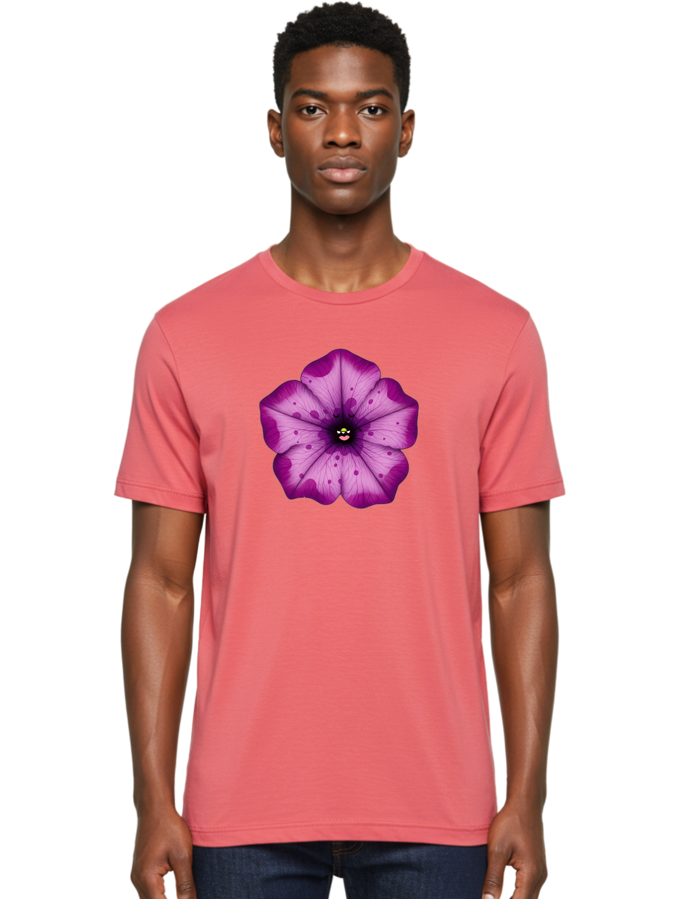 Purple-Flower Men'S Graphic Tee, 100% Cotton, Comfortable Casual Summer Wear, Machine Washable, Purple Flower, Cartoon Style, Vibrant Colors, Whimsical Design, Floral Pattern, Playful Character, Purple Petals, Spotty Design Bae243