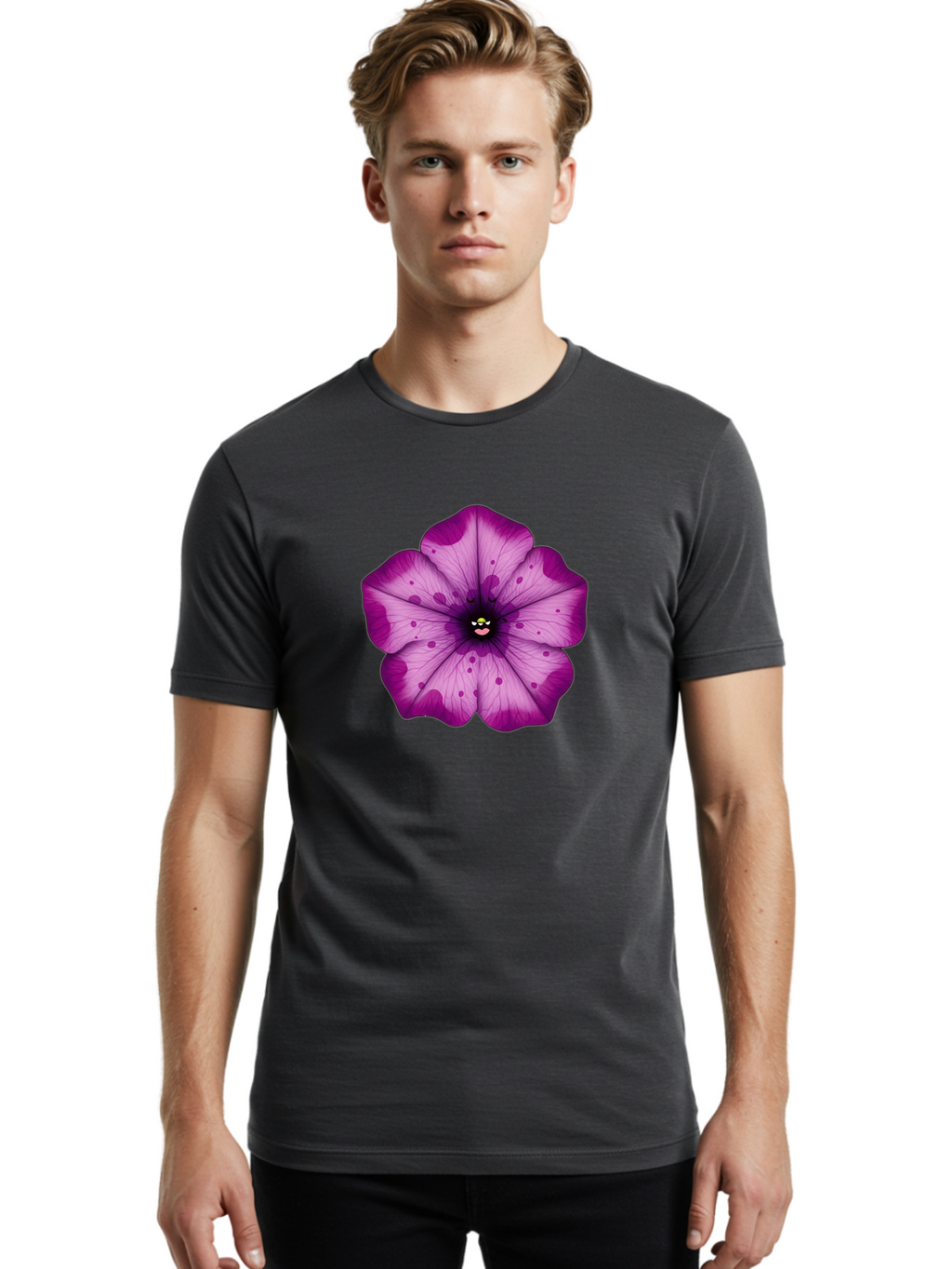 Purple-Flower Men'S Graphic Tee, 100% Cotton, Comfortable Casual Summer Wear, Machine Washable, Purple Flower, Cartoon Style, Vibrant Colors, Whimsical Design, Floral Pattern, Playful Character, Purple Petals, Spotty Design Bae243