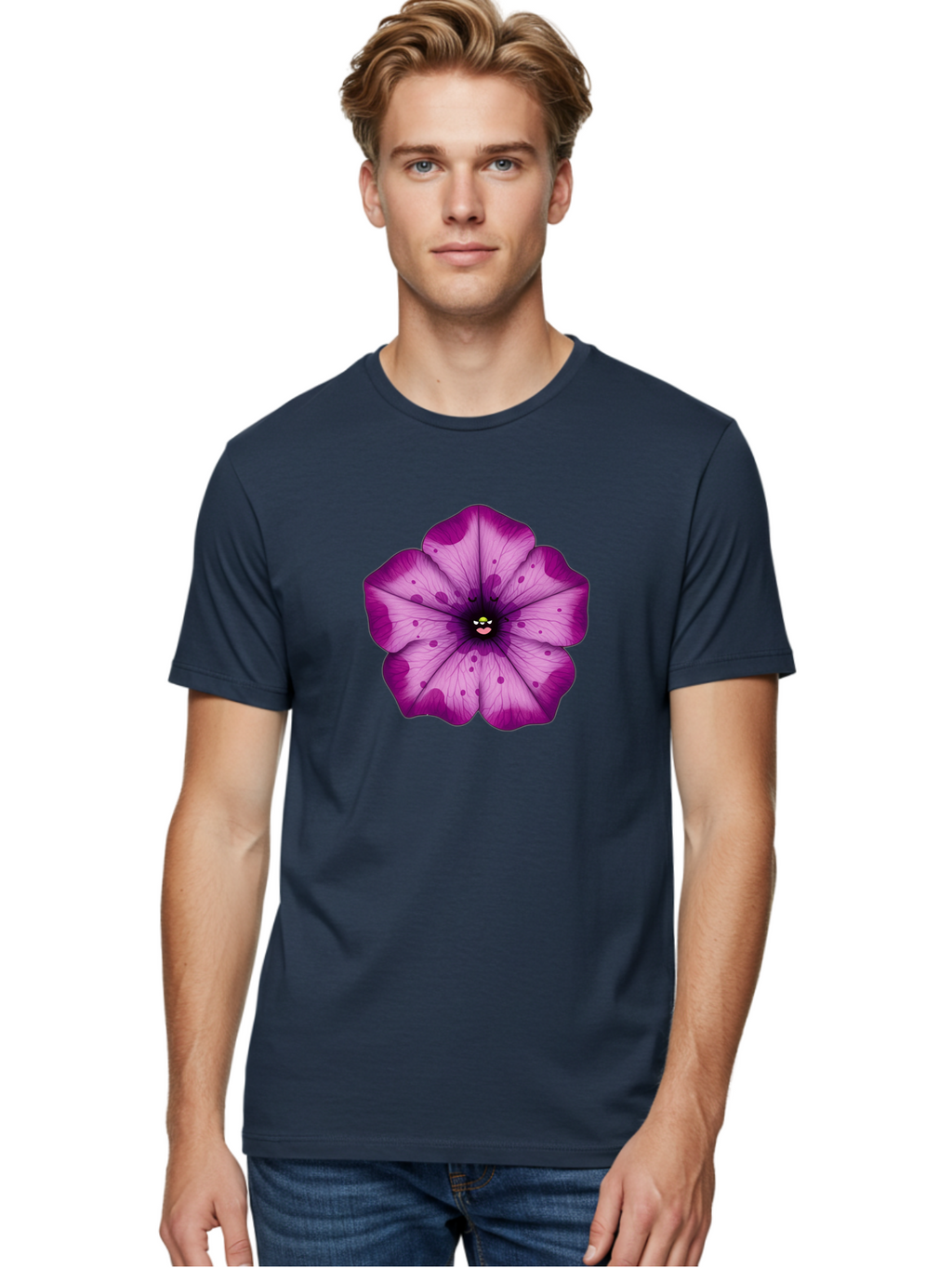 Purple-Flower Men'S Graphic Tee, 100% Cotton, Comfortable Casual Summer Wear, Machine Washable, Purple Flower, Cartoon Style, Vibrant Colors, Whimsical Design, Floral Pattern, Playful Character, Purple Petals, Spotty Design Bae243