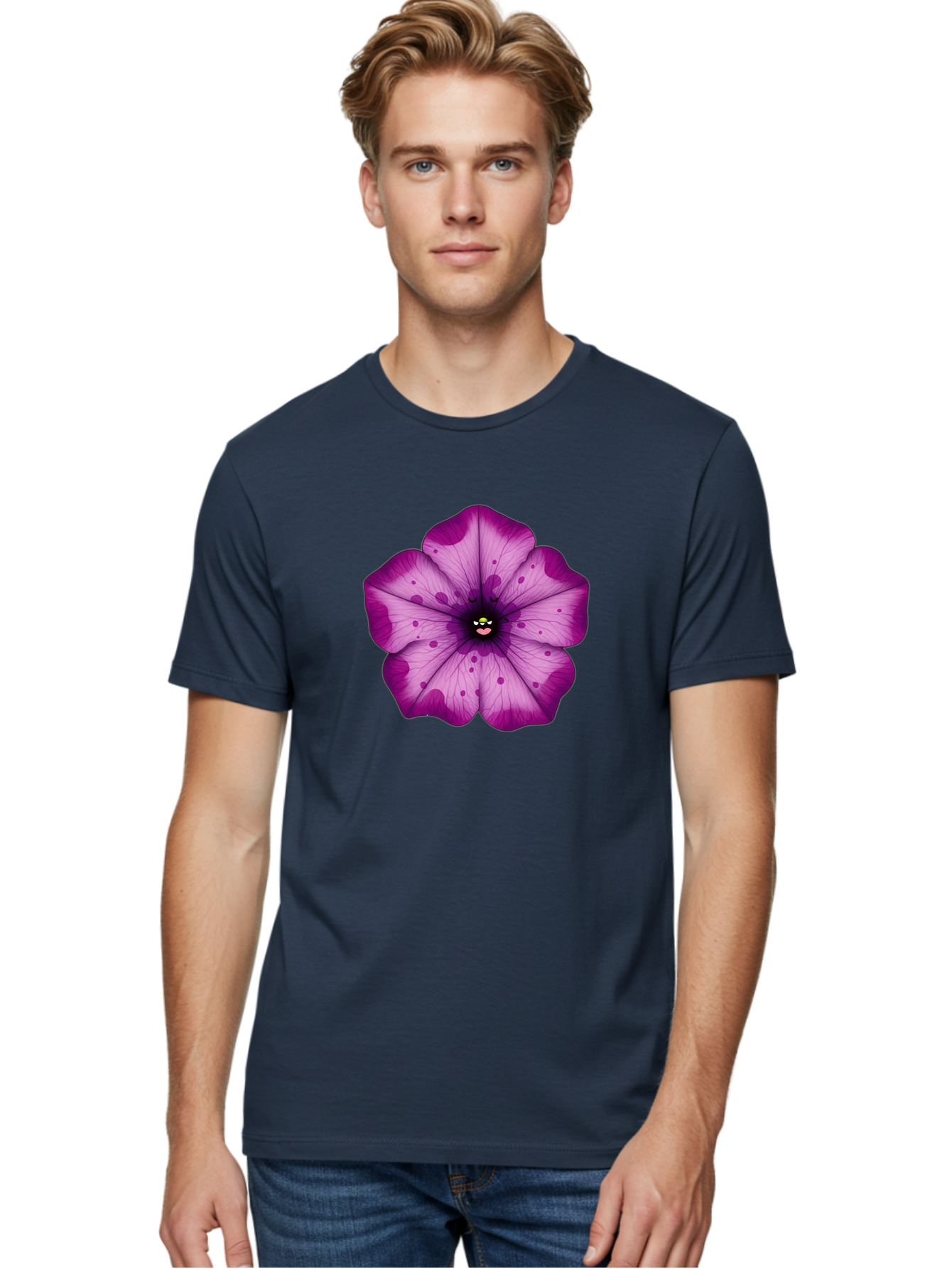 Purple-Flower Men'S Graphic Tee, 100% Cotton, Comfortable Casual Summer Wear, Machine Washable, Purple Flower, Cartoon Style, Vibrant Colors, Whimsical Design, Floral Pattern, Playful Character, Purple Petals, Spotty Design Bae243