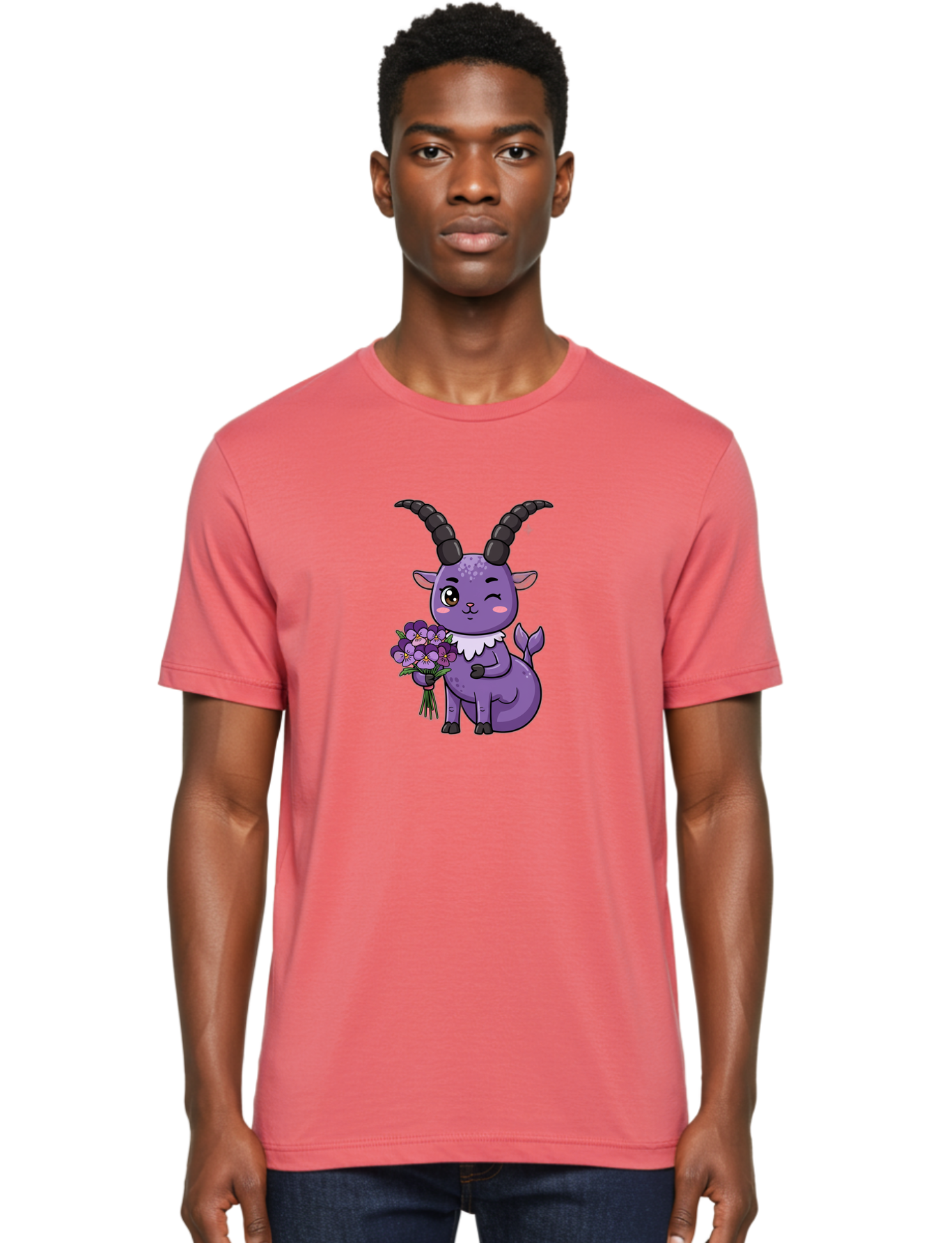 Purple-Goat Men'S Graphic Tee, 100% Cotton, Comfortable Casual Summer Wear, Machine Washable, Kawaii Goat, Cartoon Character, Purple Goat, Bouquet Of Flowers, Whimsical Design, Fantasy Creature, Adorable Illustration, Purple Flowers, Bae244