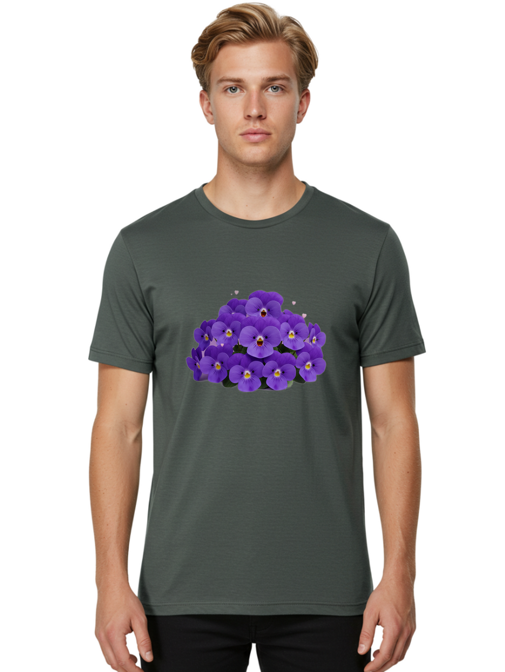 Purple-Pansies Men'S Graphic Tee, 100% Cotton, Comfortable Casual Summer Wear, Machine Washable, Purple Pansies, Floral Arrangement, Delicate Petals, Vibrant Colors, Yellow Centers, Dark Green Leaves, Heart-Shaped Leaves, Flower Bouquet, Bae245