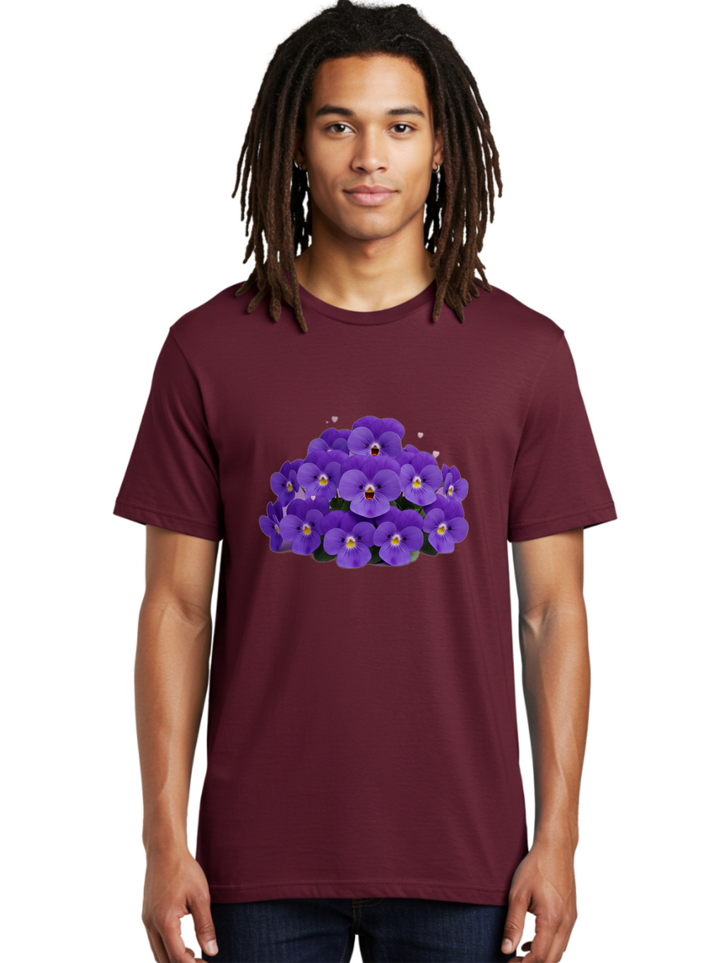 Purple-Pansies Men'S Graphic Tee, 100% Cotton, Comfortable Casual Summer Wear, Machine Washable, Purple Pansies, Floral Arrangement, Delicate Petals, Vibrant Colors, Yellow Centers, Dark Green Leaves, Heart-Shaped Leaves, Flower Bouquet, Bae245