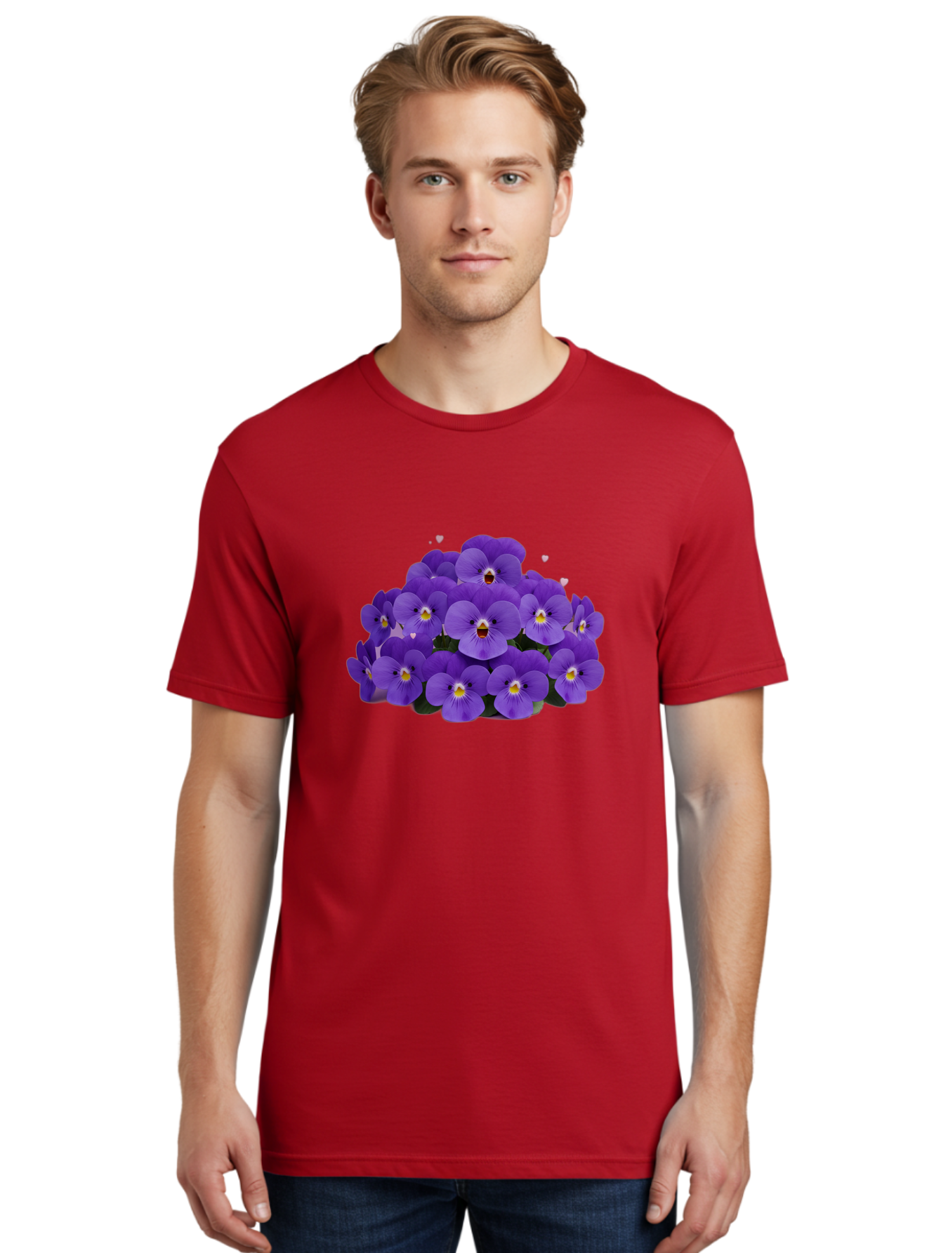 Purple-Pansies Men'S Graphic Tee, 100% Cotton, Comfortable Casual Summer Wear, Machine Washable, Purple Pansies, Floral Arrangement, Delicate Petals, Vibrant Colors, Yellow Centers, Dark Green Leaves, Heart-Shaped Leaves, Flower Bouquet, Bae245