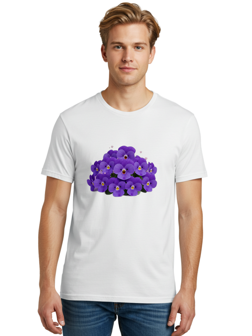 Purple-Pansies Men'S Graphic Tee, 100% Cotton, Comfortable Casual Summer Wear, Machine Washable, Purple Pansies, Floral Arrangement, Delicate Petals, Vibrant Colors, Yellow Centers, Dark Green Leaves, Heart-Shaped Leaves, Flower Bouquet, Bae245