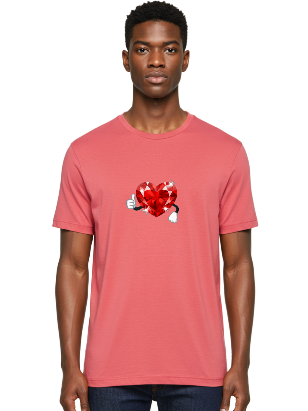 Red-Diamond-Heart Men'S Graphic Tee, 100% Cotton, Comfortable Casual Summer Wear, Machine Washable, Red Heart Gem, Thumbs Up, Sparkling Gemstone, Shiny Heart, Love Symbol, Valentine'S Day, Heart Shape, Gemstone Character, Sparkling Effect, Bae247