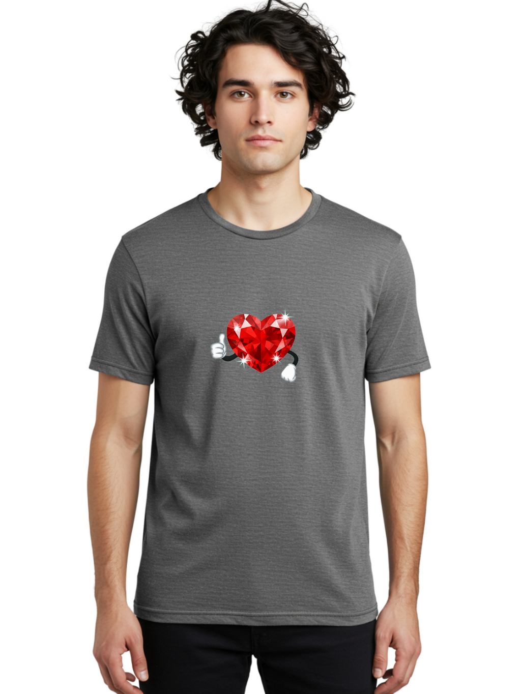 Red-Diamond-Heart Men'S Graphic Tee, 100% Cotton, Comfortable Casual Summer Wear, Machine Washable, Red Heart Gem, Thumbs Up, Sparkling Gemstone, Shiny Heart, Love Symbol, Valentine'S Day, Heart Shape, Gemstone Character, Sparkling Effect, Bae247