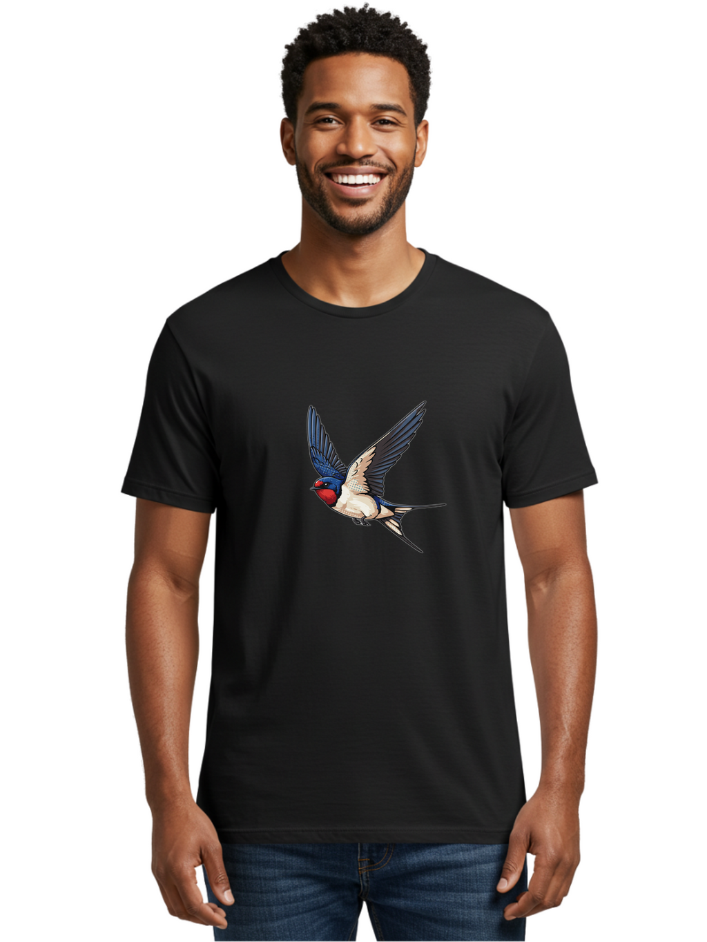 Red-Faced-Swallow Men'S Graphic Tee, 100% Cotton, Comfortable Casual Summer Wear, Machine Washable, Swallow In Flight, Bird Species, Wingspan, Feather Details, Red Face, Blue Wings, White Belly, Dynamic Pose, Wildlife Illustration, Avian Art Bae248