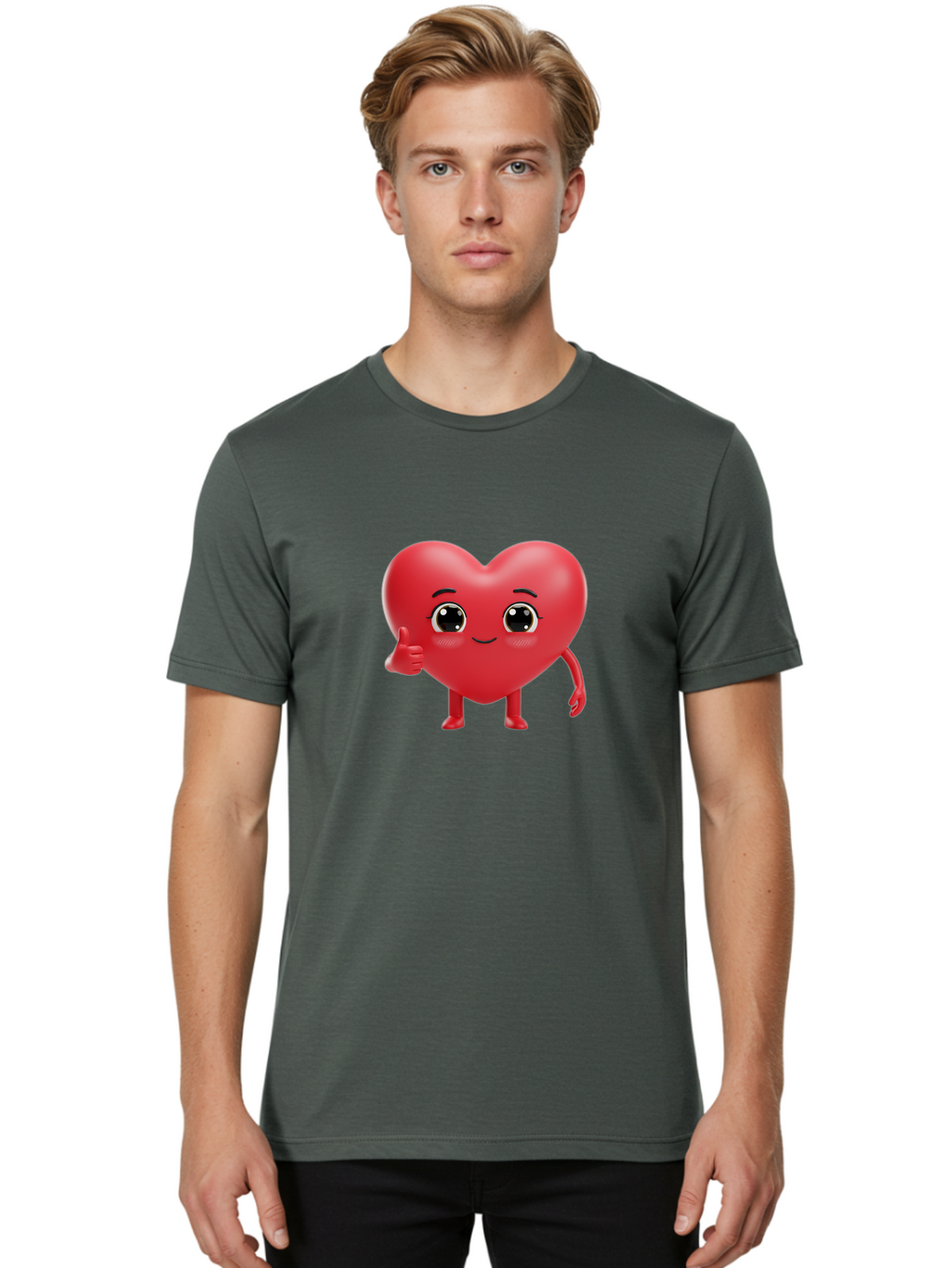 Red-Heart-Character-1 Men'S Graphic Tee, 100% Cotton, Comfortable Casual Summer Wear, Machine Washable, Cartoon Heart, Smiling Face, Thumbs Up, Cute Character, Heart Emoji, Love Symbol, Friendly Icon, Digital Illustration, 3D Rendering, Bae249