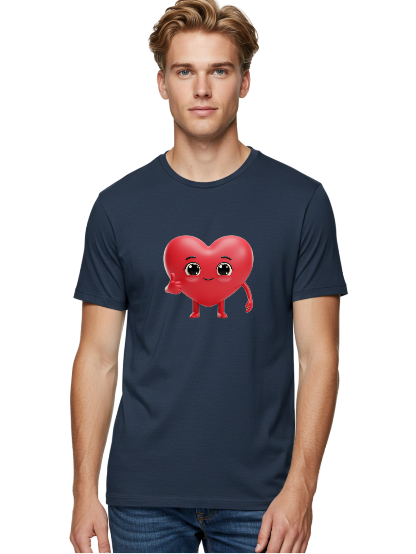 Red-Heart-Character-1 Men'S Graphic Tee, 100% Cotton, Comfortable Casual Summer Wear, Machine Washable, Cartoon Heart, Smiling Face, Thumbs Up, Cute Character, Heart Emoji, Love Symbol, Friendly Icon, Digital Illustration, 3D Rendering, Bae249