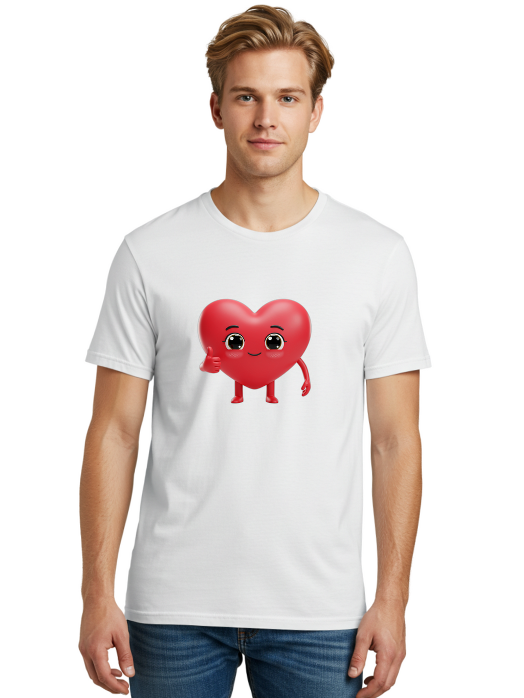 Red-Heart-Character-1 Men'S Graphic Tee, 100% Cotton, Comfortable Casual Summer Wear, Machine Washable, Cartoon Heart, Smiling Face, Thumbs Up, Cute Character, Heart Emoji, Love Symbol, Friendly Icon, Digital Illustration, 3D Rendering, Bae249