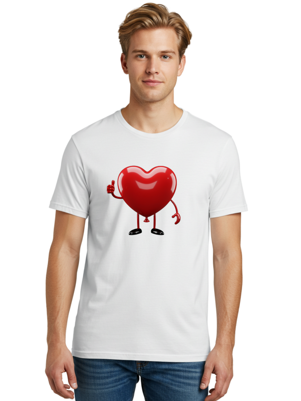 Red-Heart-Character-2 Men'S Graphic Tee, 100% Cotton, Comfortable Casual Summer Wear, Machine Washable, Heart Character With Thumbs Up, Red Heart, Love Symbol, Cartoon Heart, Happiness, Heart Shape, Love Icon, Positive Gesture, Bae250
