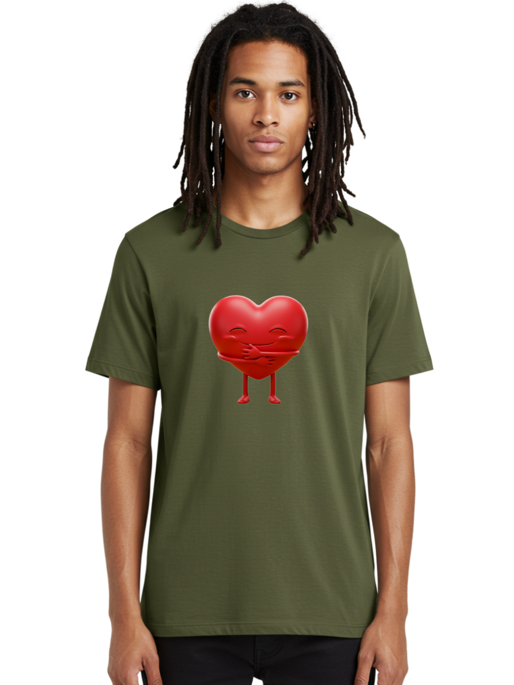 Red-Heart-Character Men'S Graphic Tee, 100% Cotton, Comfortable Casual Summer Wear, Machine Washable, Cartoon Heart Character, Heart Touching Hand, Happy Heart, Heart Smiling Face, Cute Cartoon Character, Heart With Legs, Bae251