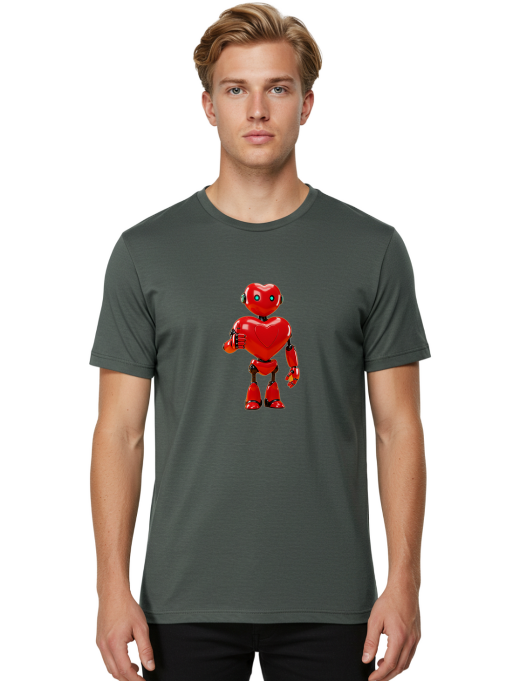 Red-Heart-Robot Men'S Graphic Tee, 100% Cotton, Comfortable Casual Summer Wear, Machine Washable, Red Robot With Heart-Shaped Body, Futuristic Design, Heart-Shaped Head, Blue Glowing Eyes, Robotic Lover, Cyborg, Shiny Red Metal, Bae253