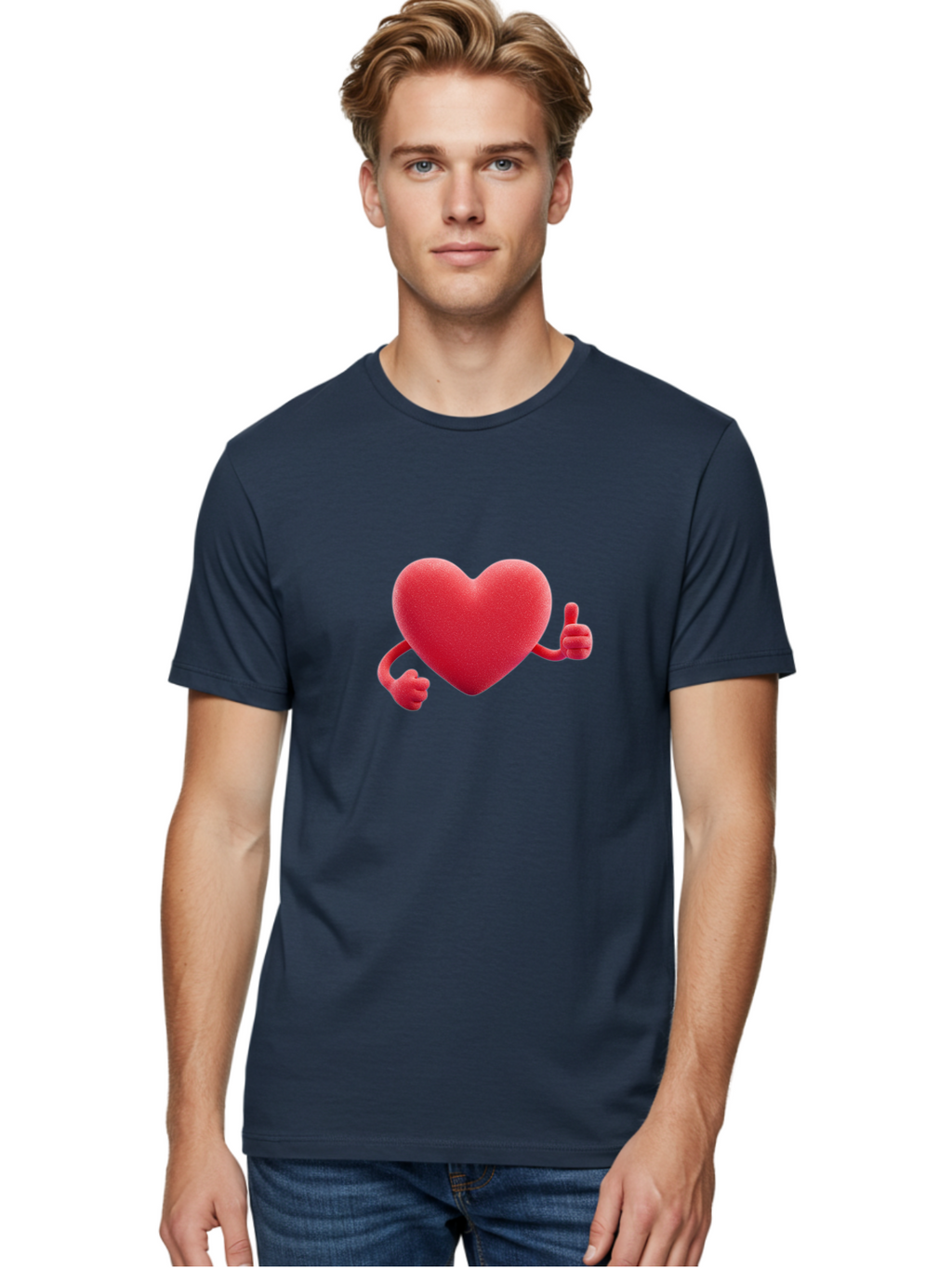 Red-Heart Men'S Graphic Tee, 100% Cotton, Comfortable Casual Summer Wear, Machine Washable, Red Heart Character, Thumbs Up Gesture, Cartoon Heart, Approval Symbol, Love Icon, Positivity, Heart Symbol, Cute Illustration, Heart Gesture Bae255