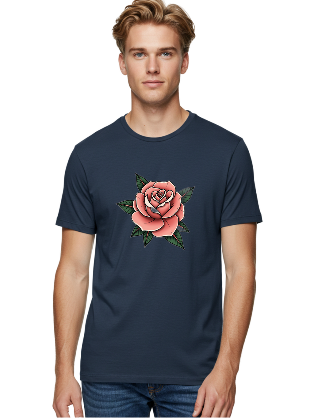 Rose Men'S Graphic Tee, 100% Cotton, Comfortable Casual Summer Wear, Machine Washable, Pink Rose, Flower Illustration, Tattoo Art, Green Leaves, Black Outlines, White Highlights, Floral Design, Botanical Art, Graphic Design Bae260
