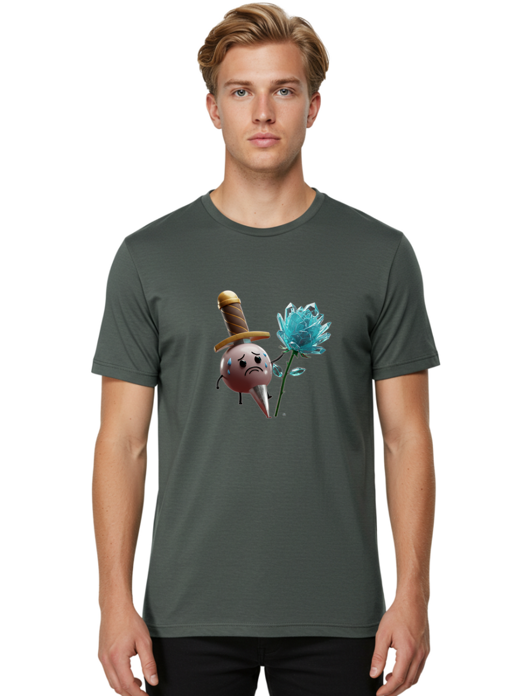 Sad-Bullet-Kin-With-Crystal-Flower Men'S Graphic Tee, 100% Cotton, Comfortable Casual Summer Wear, Machine Washable, Sad Bullet Kin, Crying Face, Blue Tears, Sword Hat, Crystal Flower, Cartoon Character, 3D Animation, Video Game Asset, Bae261